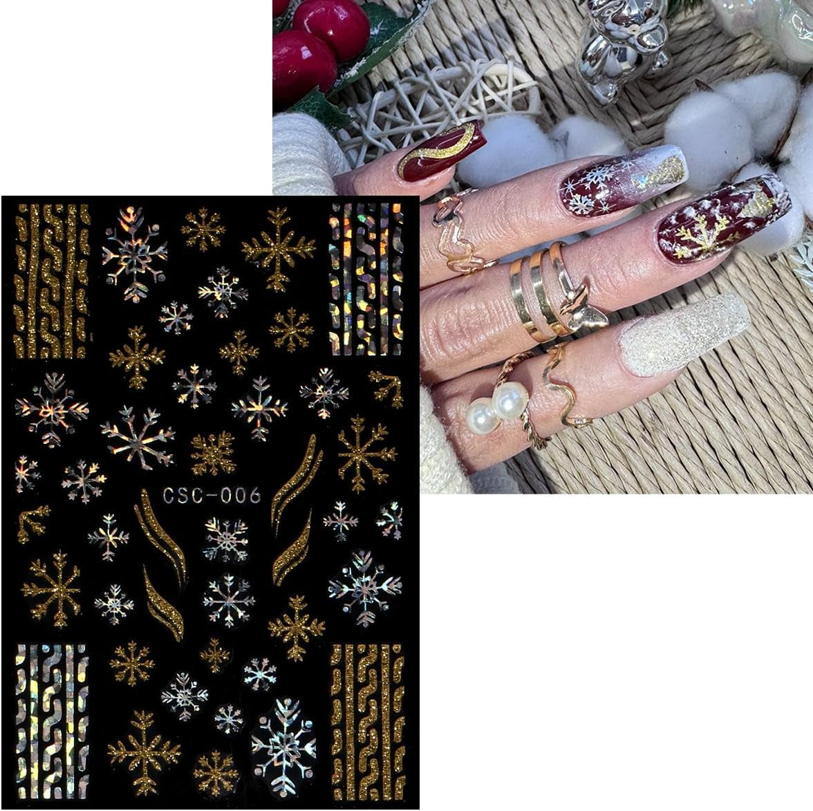 JMEOWIO Nagelsticker Weihnachten Gold Glitter Silver 8 Blatt Nail Art Sticker Selbstklebend Nagelaufkleber Schneeflocke Winterurlaub Dekoration Nageldesign Zubehör