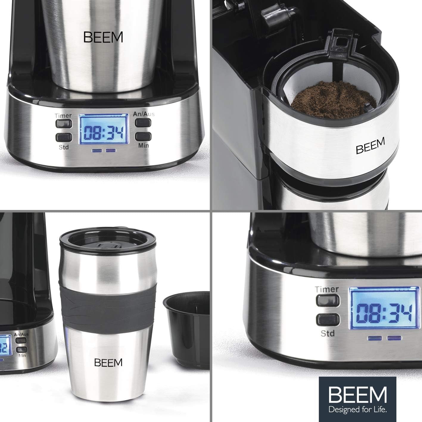 BEEM THERMO 2 GO Cafetera espresso monofiltro con vaso térmico de 0,4 l | Filtro permanente | Con temporizador de 24 horas para tomar una taza de café caliente por la mañana, sin esperas | 750 vatios