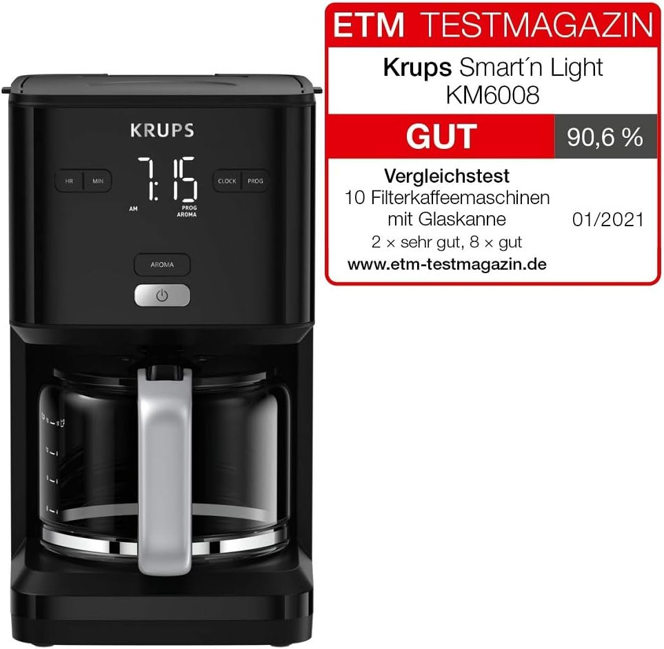 Cafetera Krups Smart'n Light con temporizador, para 1,25 litros de café filtrado, función mantener caliente, apagado automático, negra, KM600810