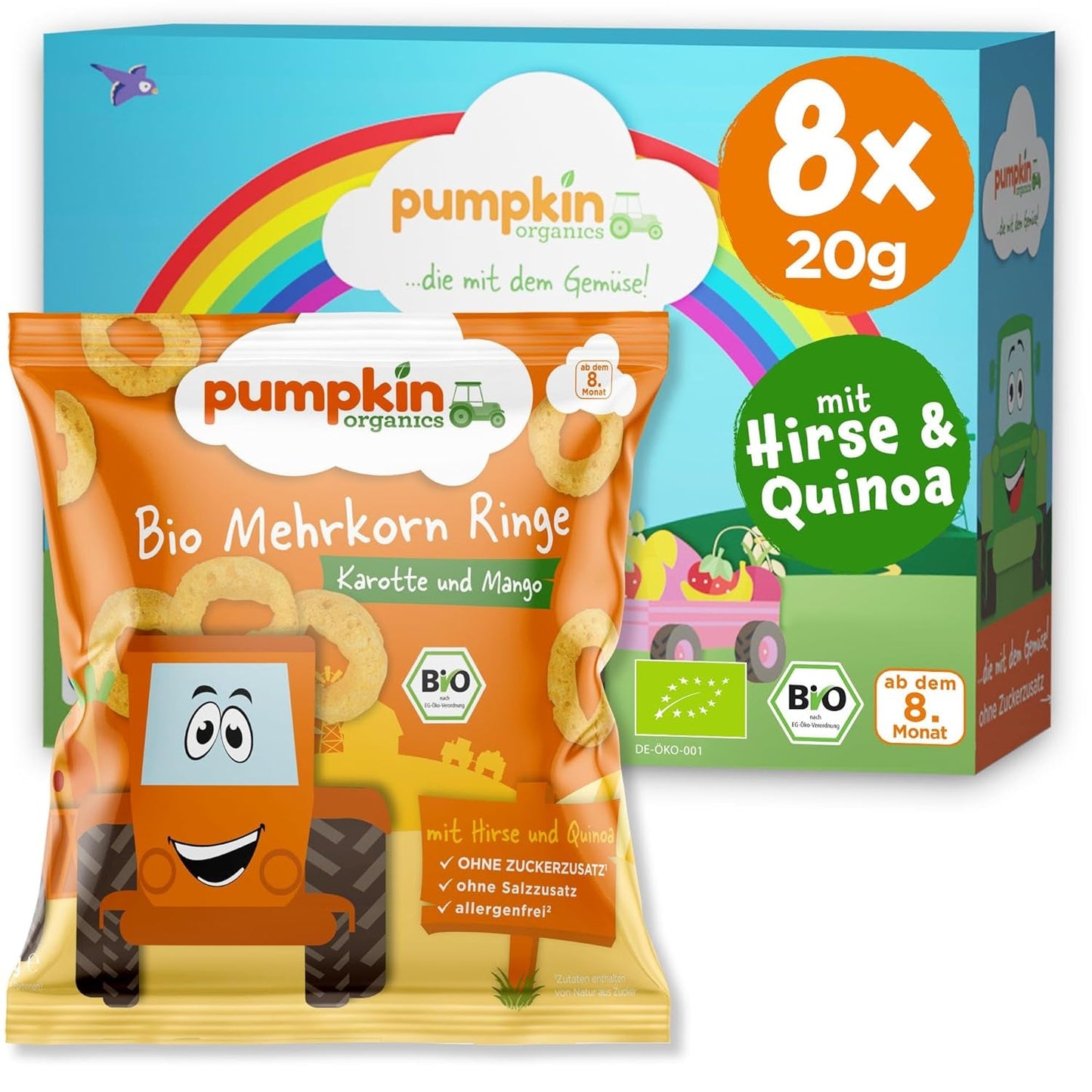Pumpkin Organics Baby Aros multicereales de zanahoria y mango (paquete de 8) Snacks para bebés sin aditivos a partir de 12 meses - Sin alérgenos² y sin gluten³ Snacks crujientes para bebés (8 x 20 g)