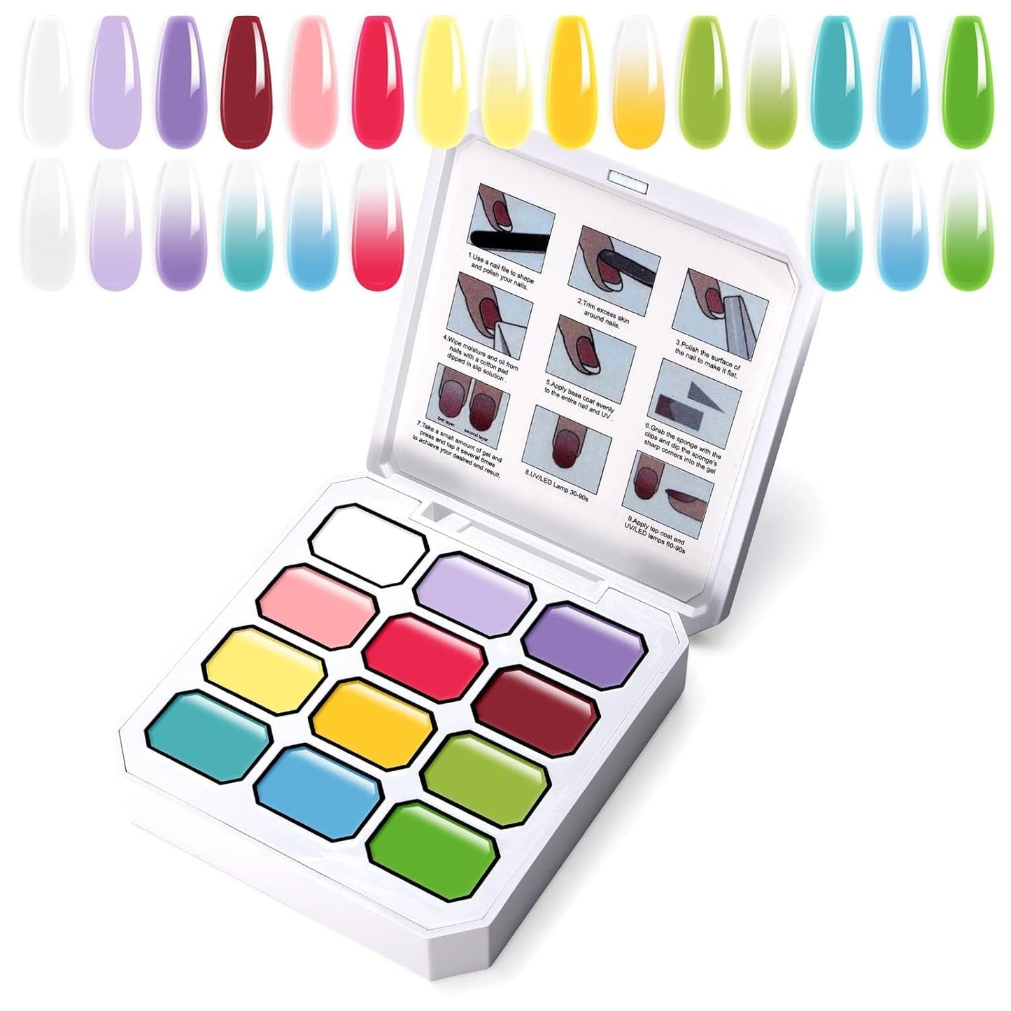 Gel de pintura degradada, 12 colores de esmalte de uñas de gel Ombre con 100 esponjas de uñas y 4 garras de metal para manicura francesa DIY Nail Art, Set I