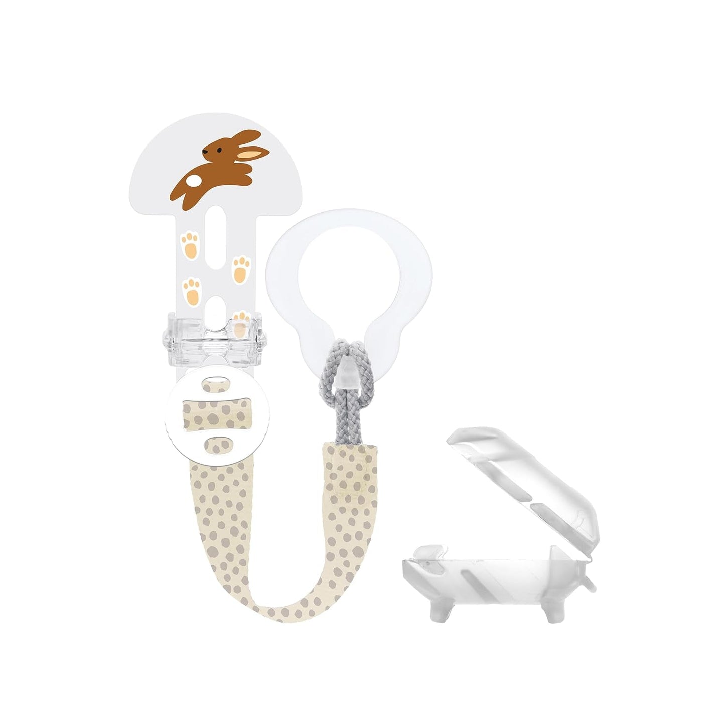 MAMÁ ¡Córtalo! & Funda Correa para chupete con protector de tetina, Soporte para chupete de longitud ajustable con anilla extraíble, Adecuado para chupetes, mordedores y juguetes, Conejo