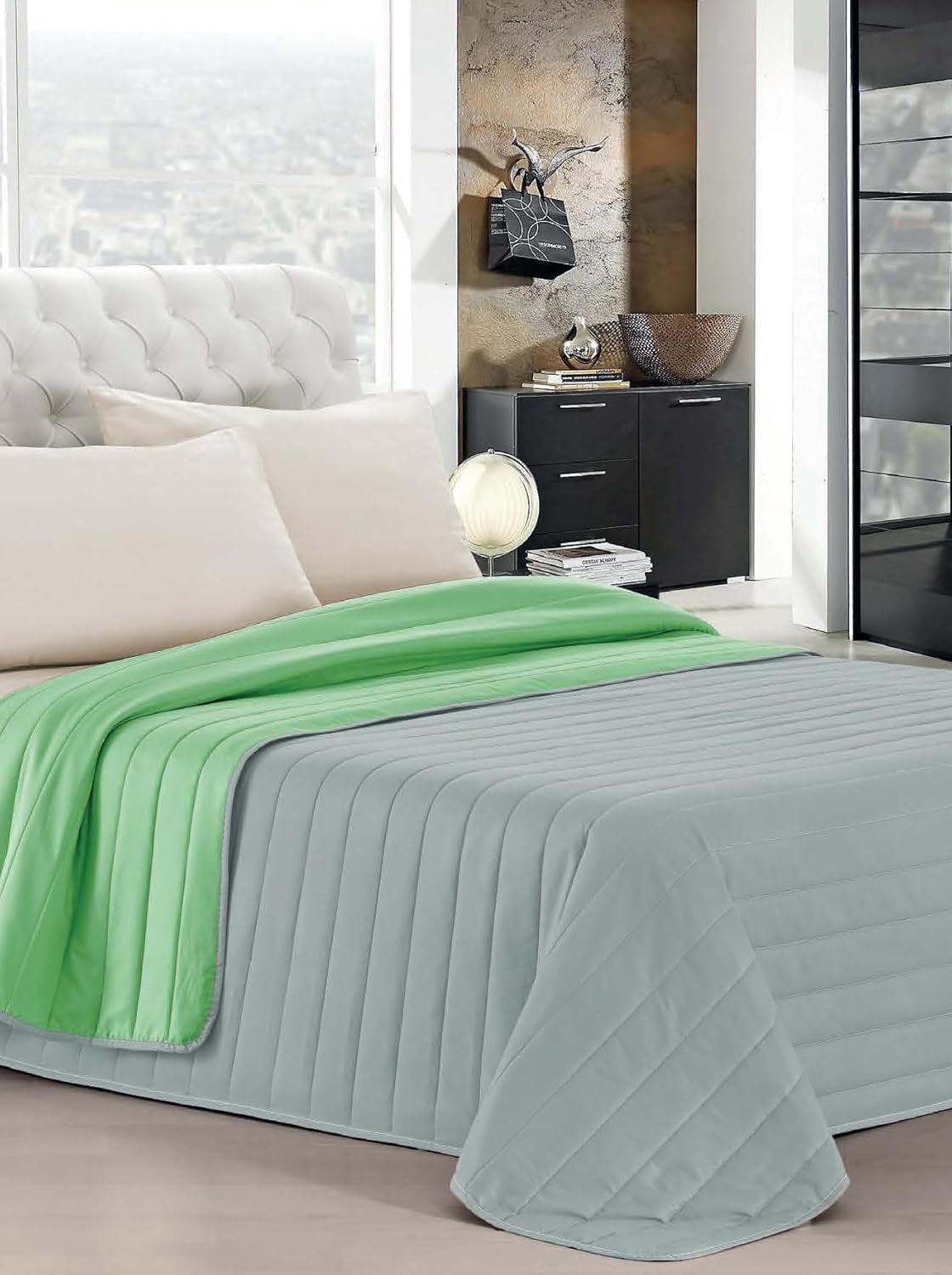 Ropa de cama italiana Estivo cama individual, lino, Aqua, 170 x 270 cm Edredones y colchas Naty Shop Verde/Gris 170 x 270 cm