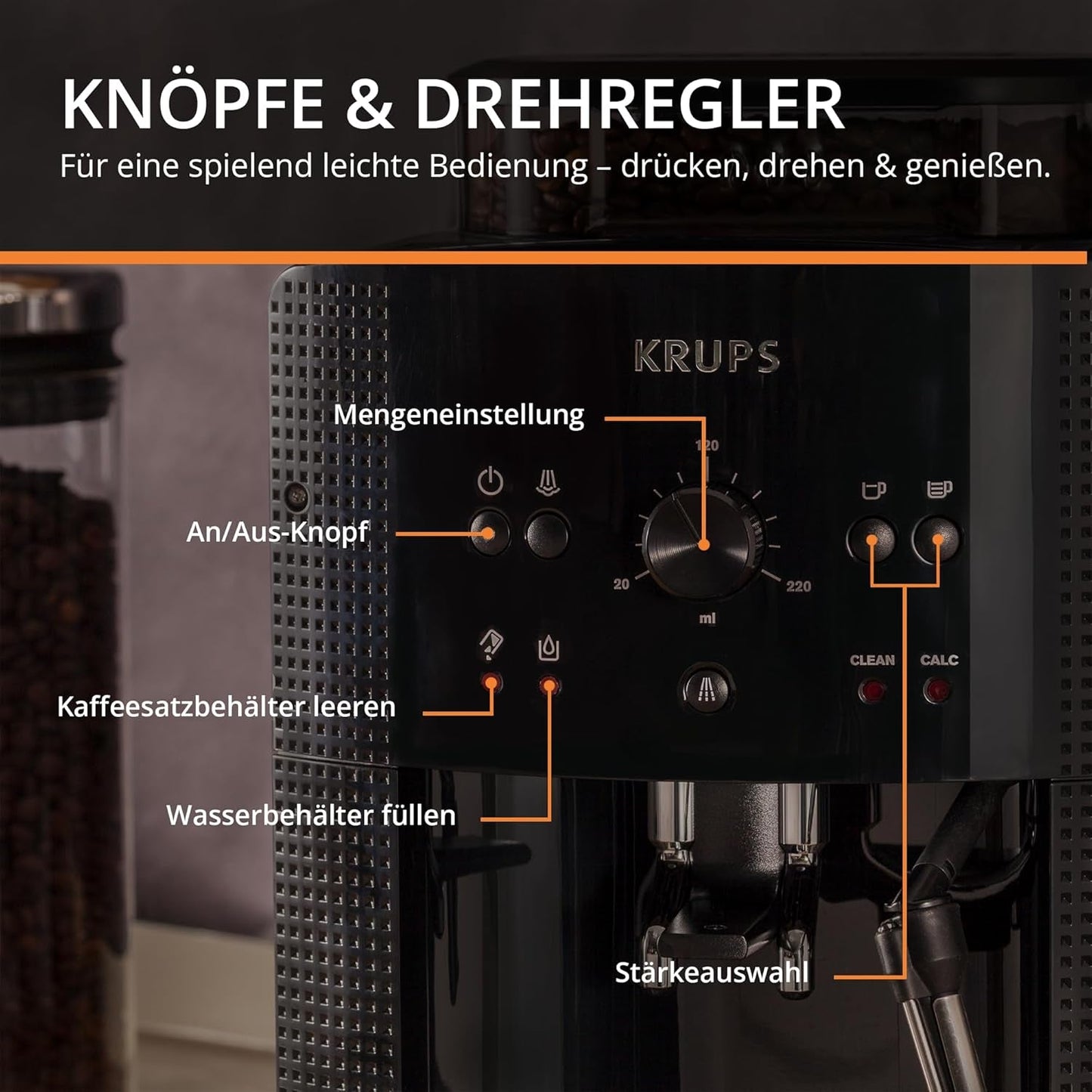 KRUPS Cafetera espresso automática Arabica Picto, diseño compacto, fácil de usar, control giratorio ajustable intuitivo, espumador de leche, función 2 tazas, cafetera espresso, negra, EA810870