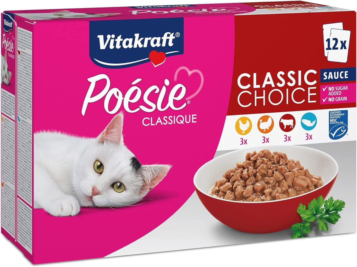 Vitakraft Poésie Classique, comida húmeda para gatos, comida para gatos en salsa, con pollo, con pavo, con ternera, con salmón, sin azúcares añadidos y cereales (1 paquete de 12 x 85g)