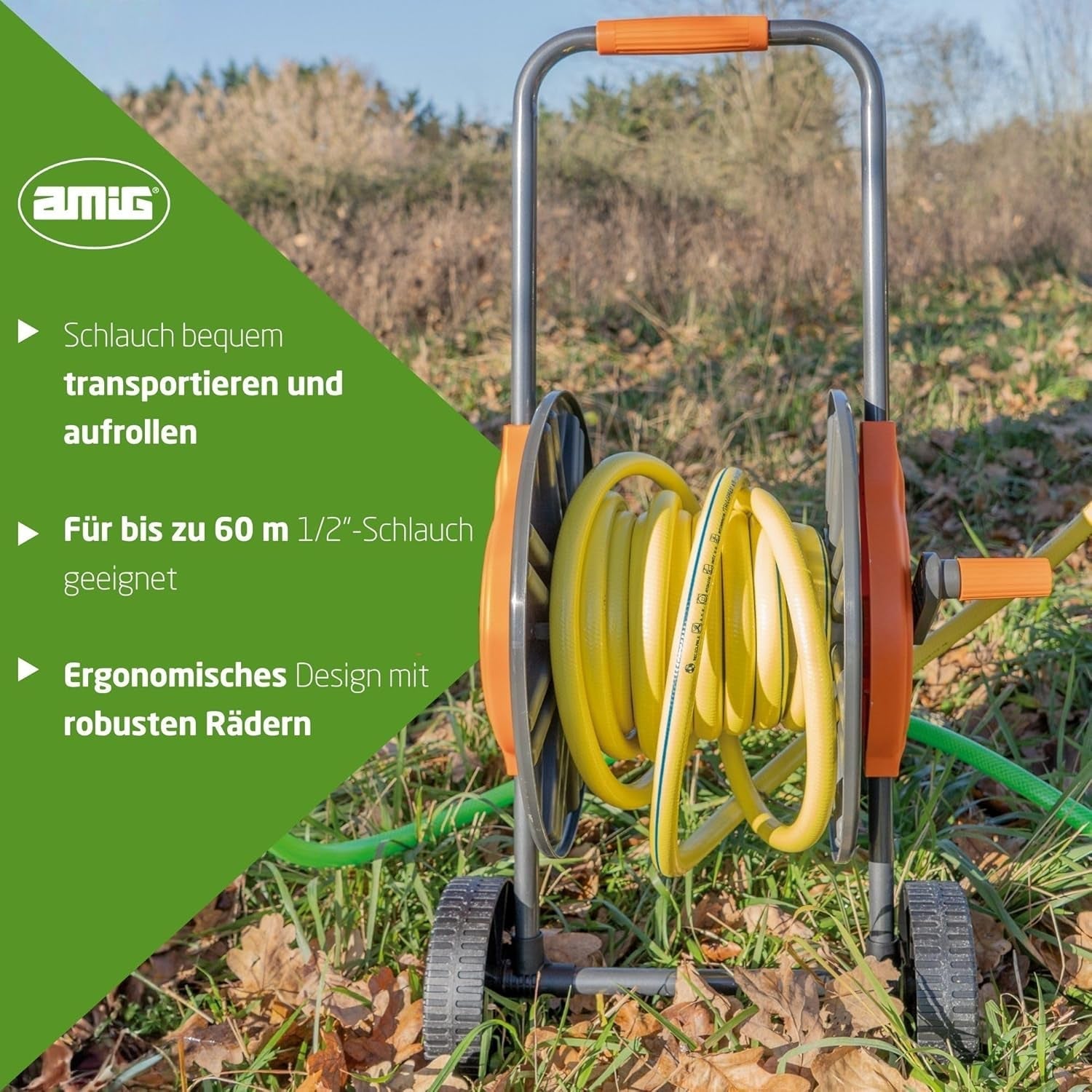 Amig - Enrollador de manguera | para mangueras de 1/2" | máximo 60 m enrollados | con manivela para enrollar fácilmente | polipropileno | naranja y gris