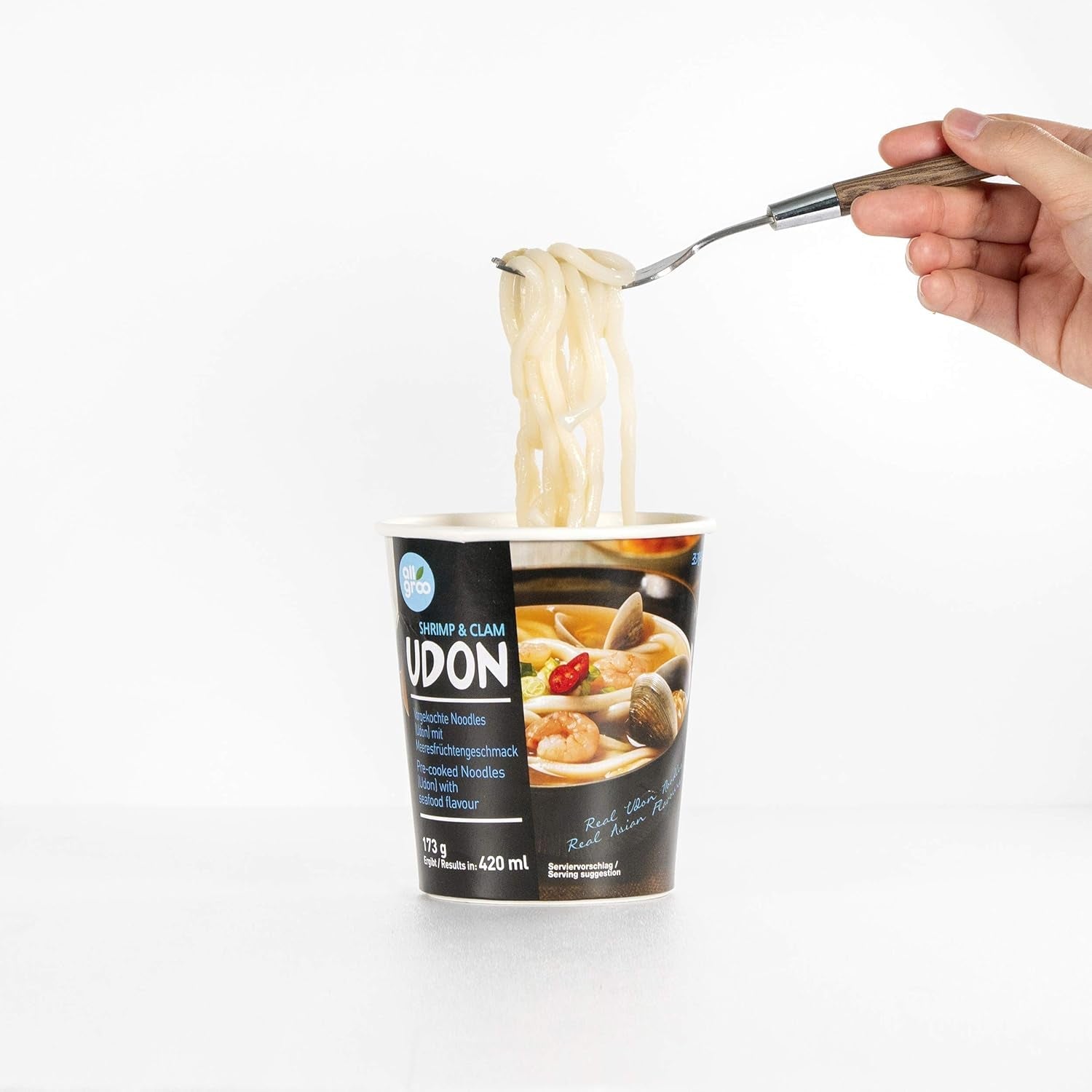 Allgroo Udon Cup Fideos instantáneos - Sopa Udon de mariscos picante y sabrosa - Preparación rápida (1 x 173 g)
