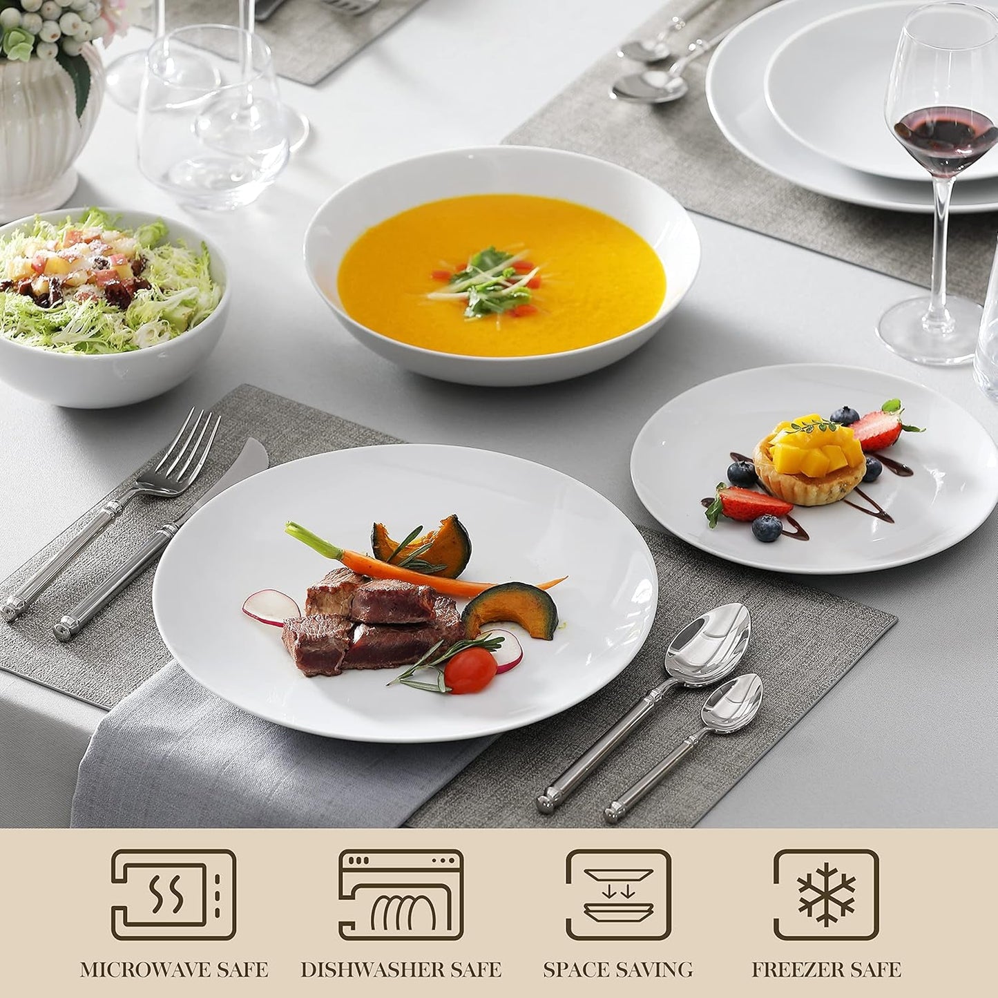 MALACASA Vajilla para 12 Personas, Vajilla Moderna de Porcelana Amelia de 48 Piezas, Servicio de Mesa con 12 Platos Llanos, Platos de Postre, Platos Suma y Cuencos de Cereal, Vajilla Moderna para 12 Personas - Blanco