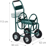 Relaxdays Carro portamangueras, hasta 90 m, 4 neumáticos, acoplamiento de clic, enrollador de mangueras de metal, distribuidor de mangueras con cesta, verde