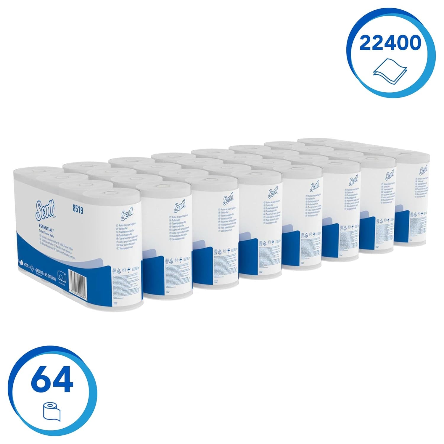 Papel higiénico Scott® Essentialtm 8519 Papel higiénico de fibra reciclada con certificación FSC blanco de 2 capas 64 rollos x 350 hojas (total 22,400 hojas)