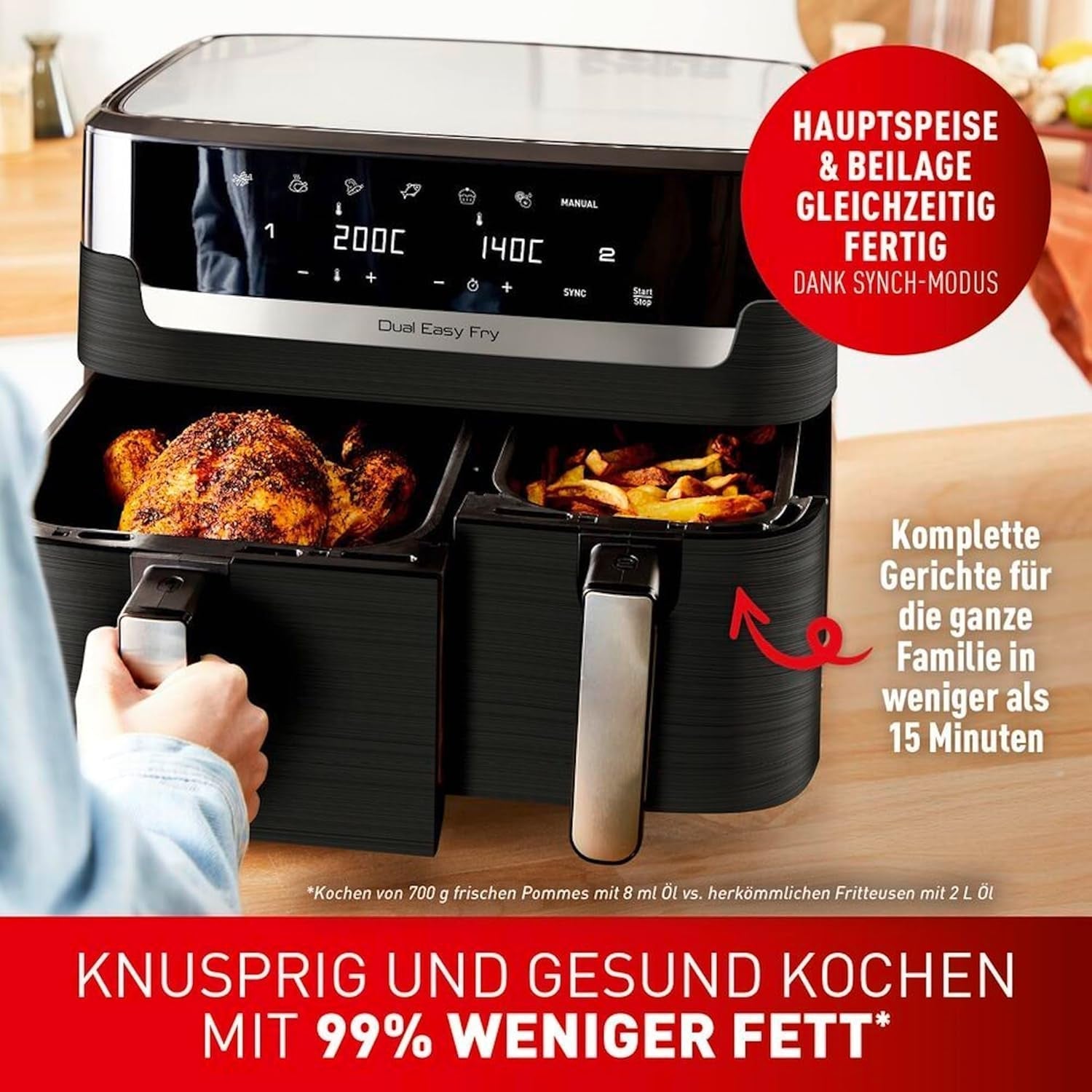 Freidora de Aire Caliente Tefal Dual Easy Fry con dos cámaras, capacidad 5,2/3,1 litros, dos cajones independientes, 7 programas Electrodomésticos Naty Shop