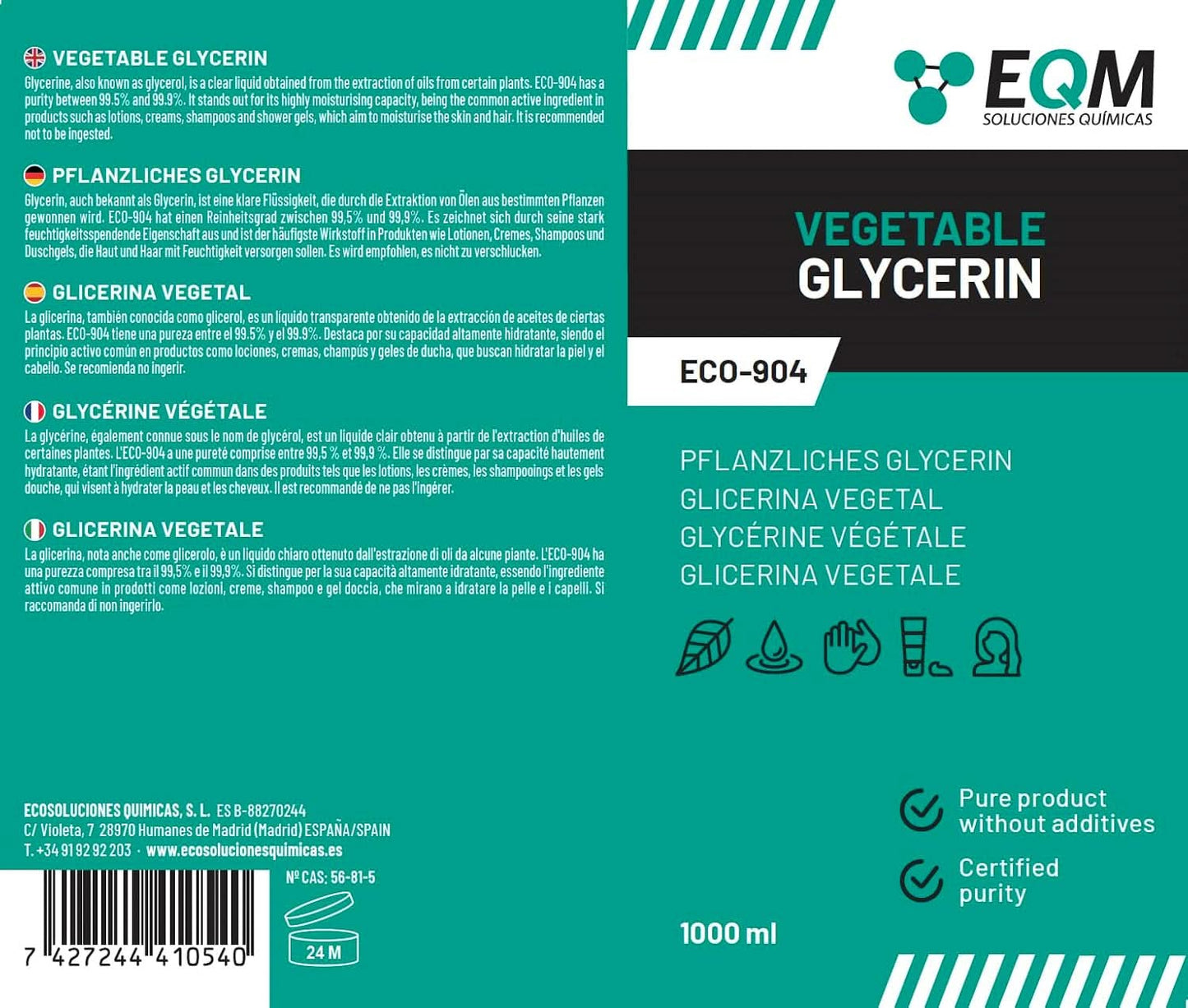 Glicerina vegetal, 100% natural, hidratante natural para cabello y piel, ideal para jabones, champús, cremas, 1 litro Ducha y baño Naty Shop