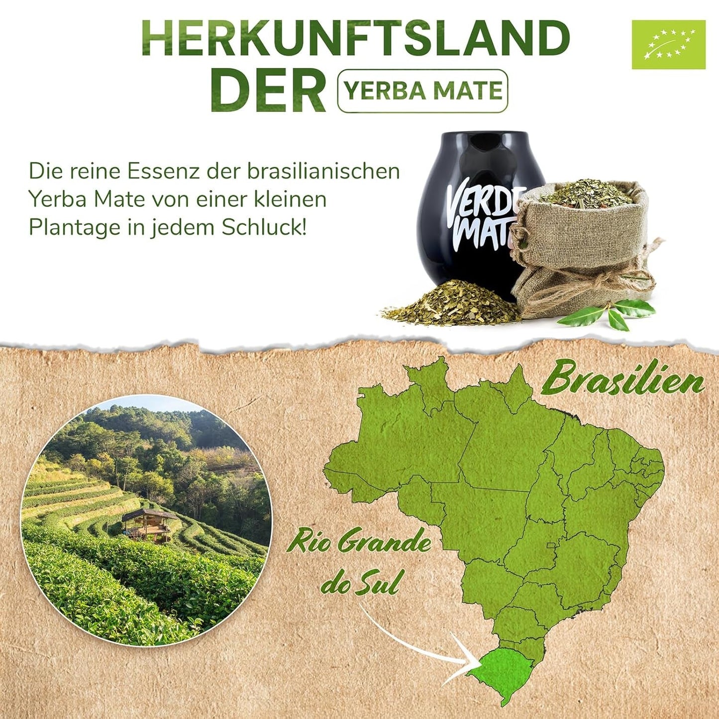 Verde Mate Green Orgánica 500 G – Yerba Mate Orgánica de Brasil – sin humo y cuidadosamente procesada 0,5 kg