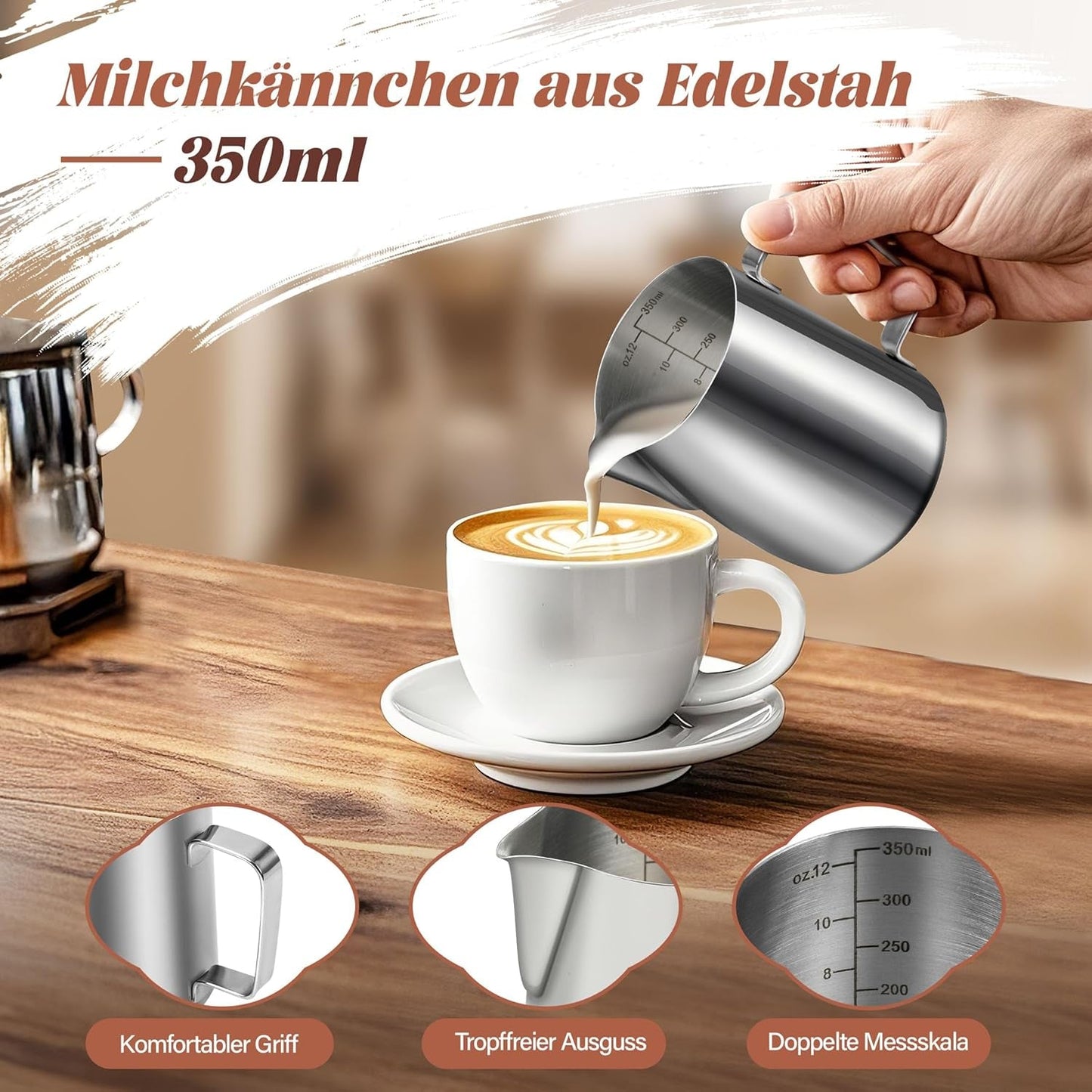 Taza de Leche, Taza de Leche de Acero Inoxidable de 350 ml con Marca medidora, Accesorio de Barista, Taza de Leche para Capuchino, Espresso, Latte Art, Amantes del café, Plata, 355 ml