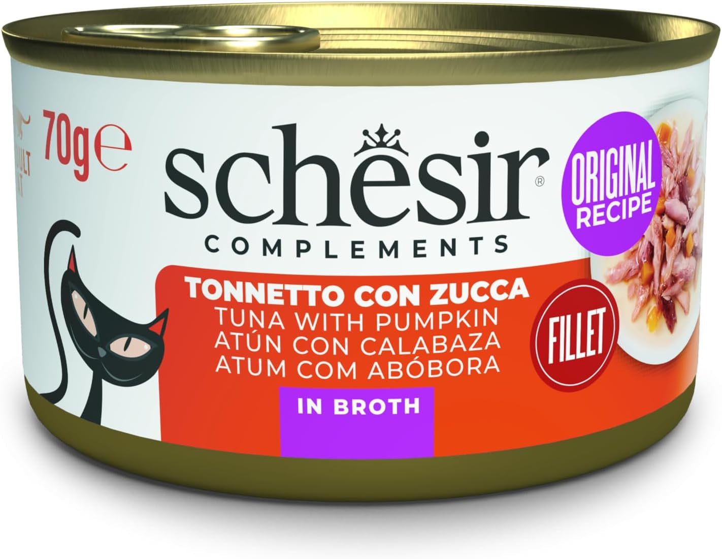 Atún con calabaza en caldo, comida húmeda complementaria para gatos, receta original, 100% natural, 12 latas de 70g cada una