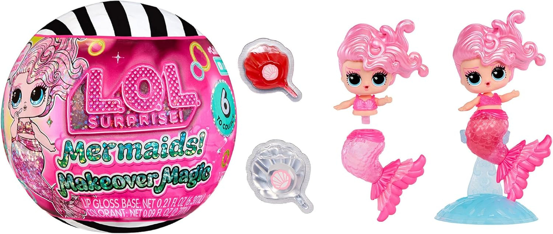 Jajaja ¡Sorpresa! Mermaids Makeover Magic Tots - Brillo de labios real para que tú y tu muñeca hagan, mezclen y creen maquillaje, divertido juego acuático, 6 muñecas para coleccionar - Edades 4+