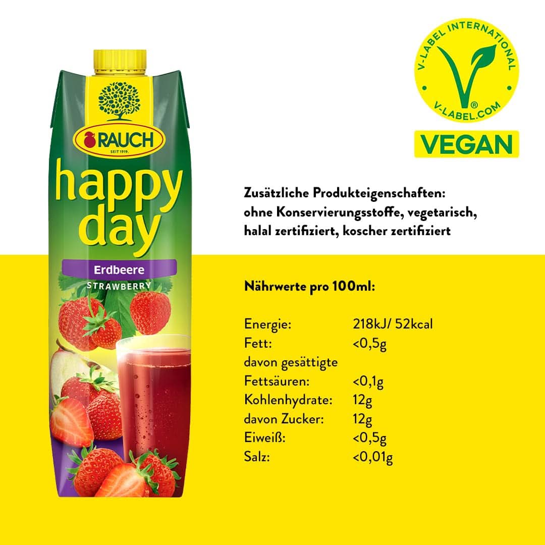 Rauch Feliz Día Fresa | Intenso sabor a fresa | Refinado con manzanas y limón | 6X 1 litro, Tetra Prisma Bebidas sin alcohol Naty Shop