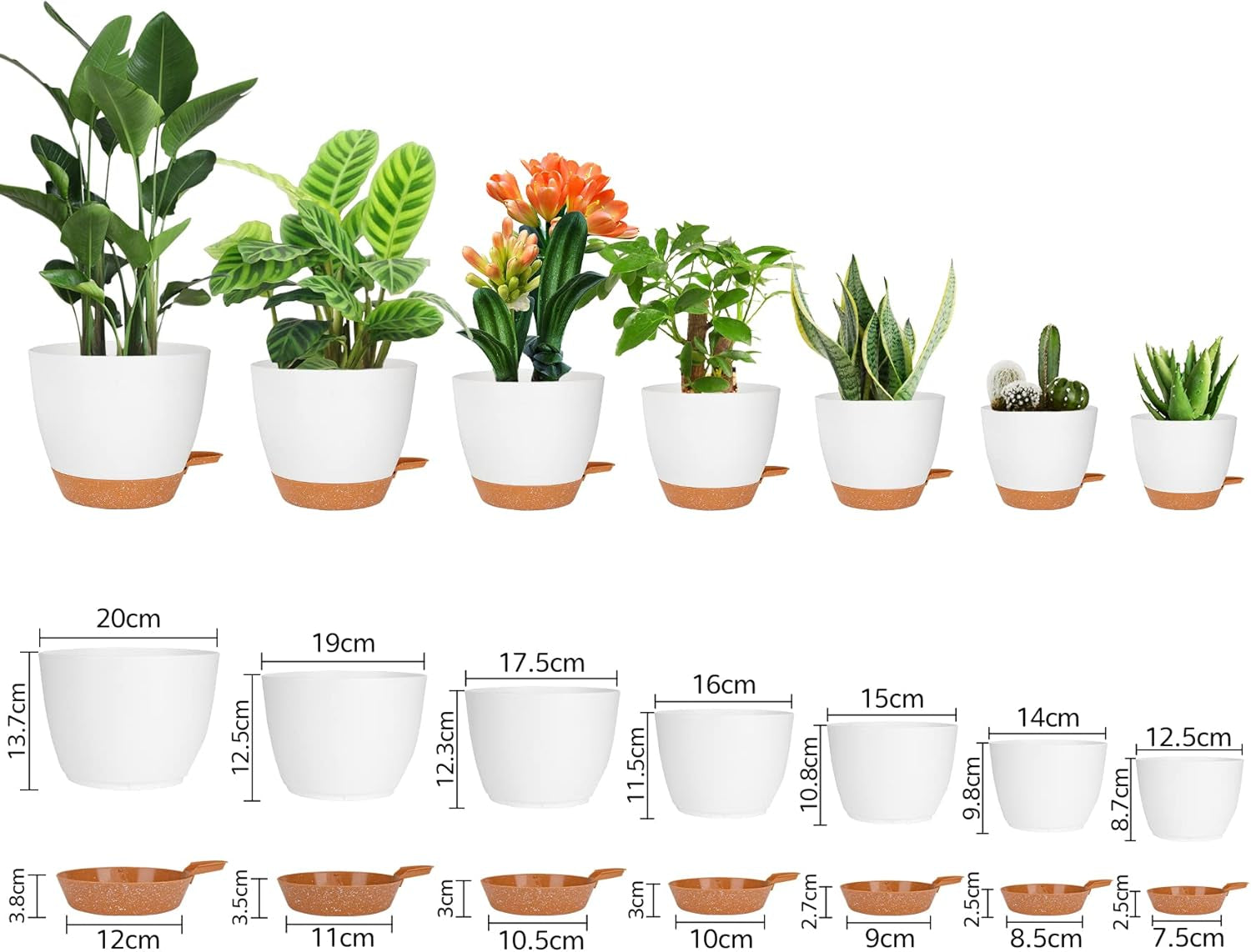 CSYY Macetas Juego de 7 macetas de plástico con sistema de riego 20,3/19/17,7/16,5/15,2/14/12,7 cm Macetas y platillo con autorriego para interiores y exteriores