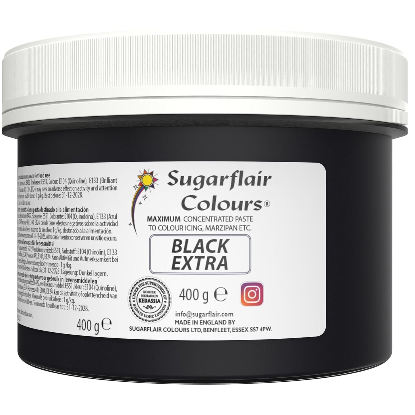 Colorante alimentario Sugarflair Max Concentrated Black, colorante alimentario altamente concentrado para mazapán y fondant, colorante en pasta Max Concentrate - 400 g