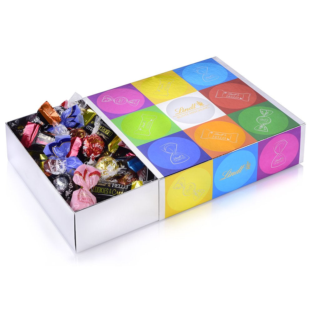 Surtido de chocolate (37 bolas LINDOR, 24 palitos Hello Mini, 10 Mini Fioretto), regalo de chocolate (1 x 815 g) y HELLO Mini Emoti, chocolate con leche en 5 diseños de emoticones, 164 g