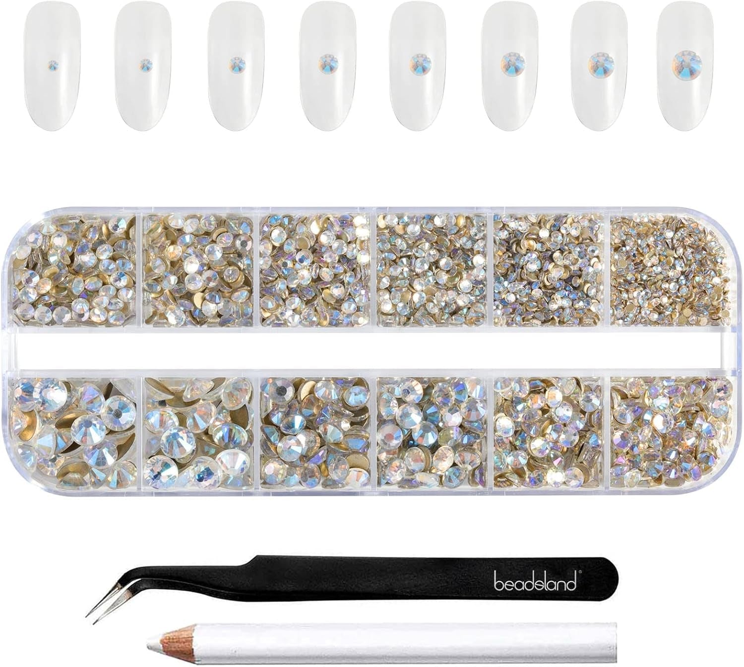 Beadsland 2500 piezas de piedras de cristal para decoración de uñas con parte trasera plana, piedras preciosas para trabajos manuales de 8 tamaños SS4 ~ SS30 con pinzas y puntas (Kristall Weiss)