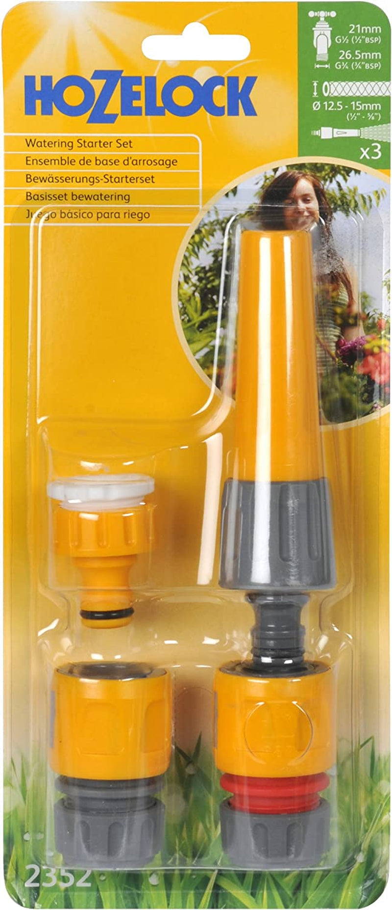HOZELOCK - Juego de boquillas pulverizadoras clásicas Ø 12,5 - 15 mm (1/2"- 5/8"): Juego básico con todas las conexiones necesarias, 1 boquilla pulverizadora, ideal para todas las tareas de riego, 1 conexión Aquastop [2352P0000]