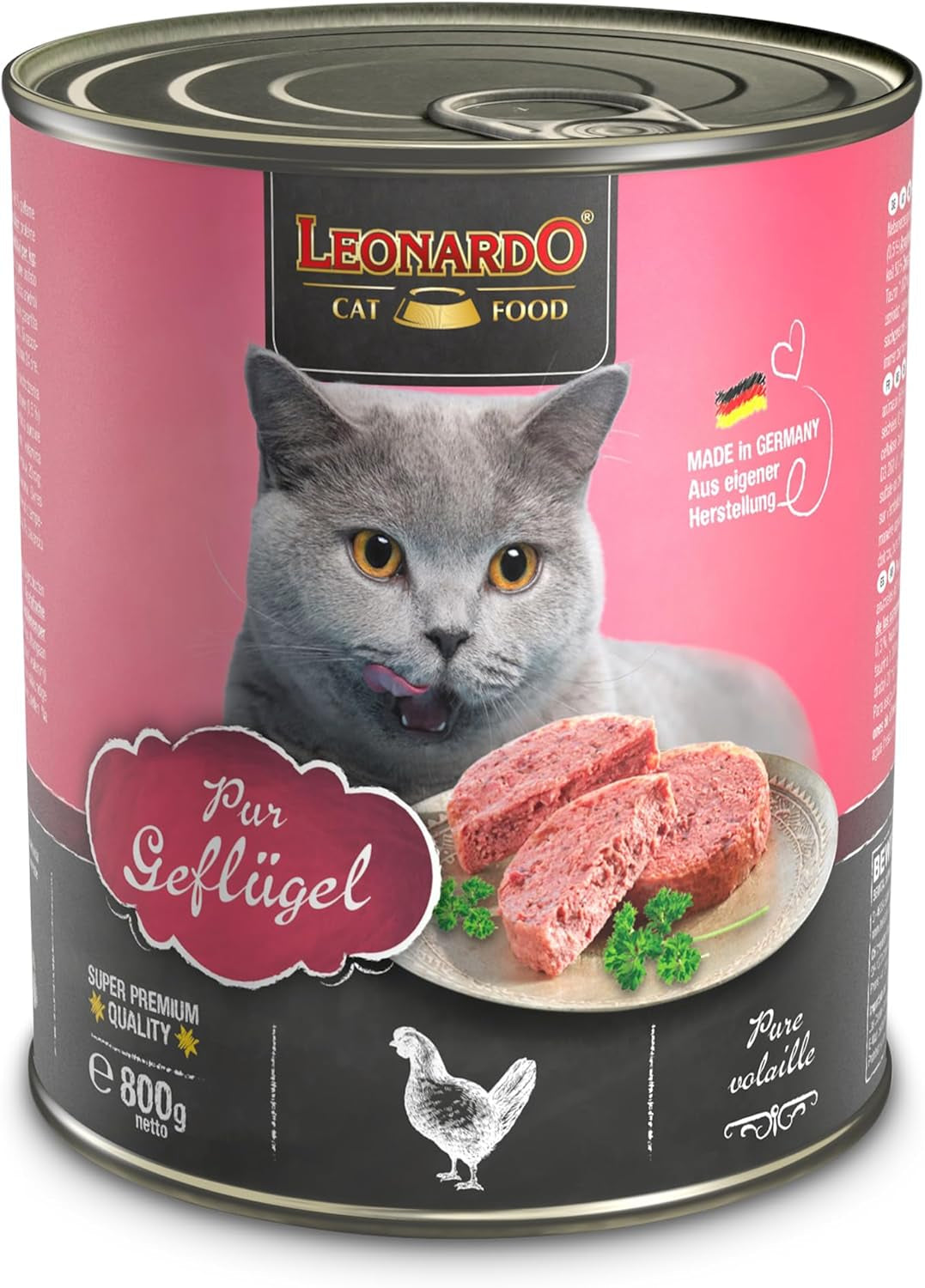 LEONARDO Nassfutter für Katzen, Geflügel puro, 6 dosis de 800 g, Katzenfutter getreidefrei, Alleinfutter, Hecho en Alemania