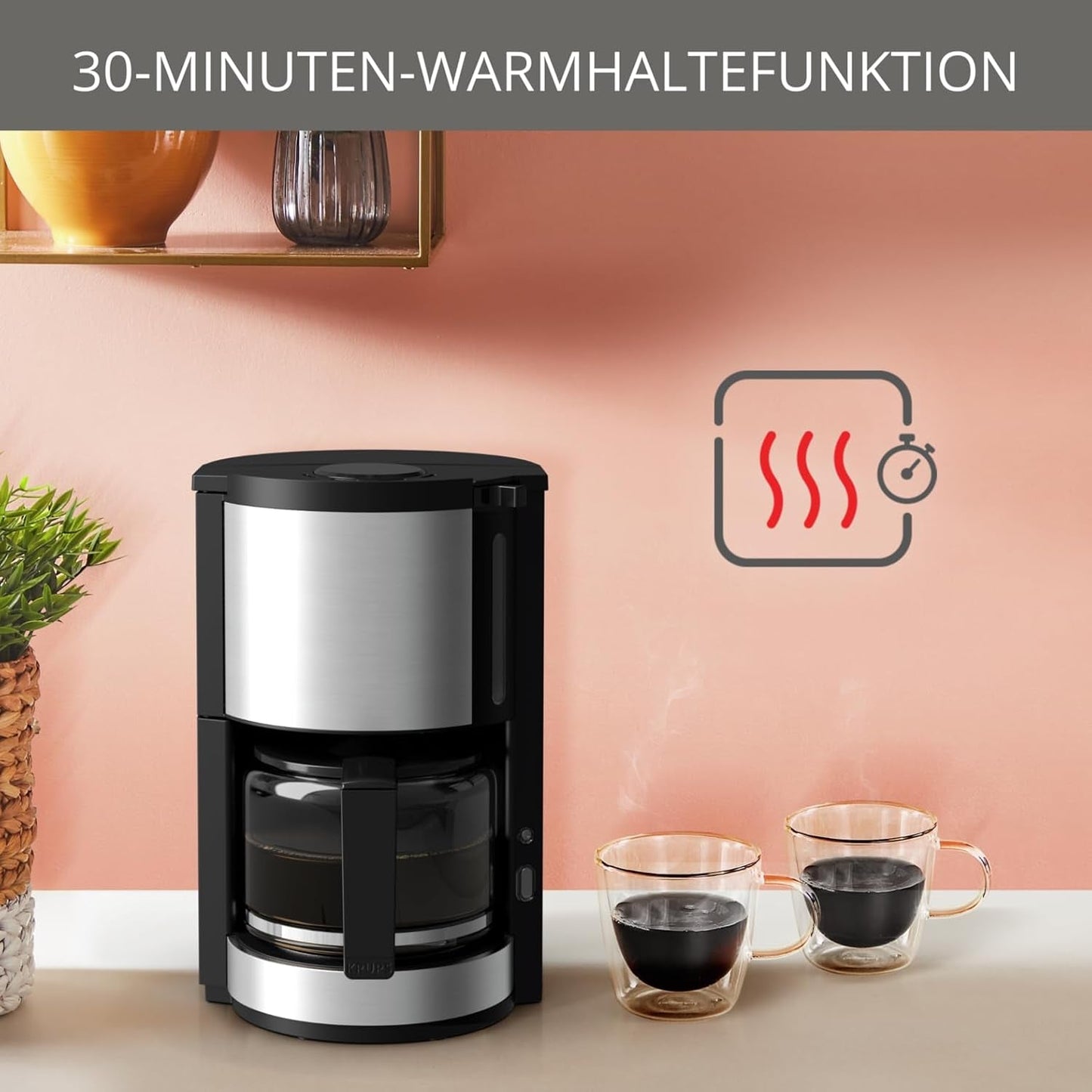 Krups KM3210 Pro Aroma Plus Cafetera espresso, 10 tazas, 1,25 L, Mantiene caliente 30 minutos, Ventana visible de nivel de agua, Sistema antigoteo, Negra con aplicaciones de acero inoxidable