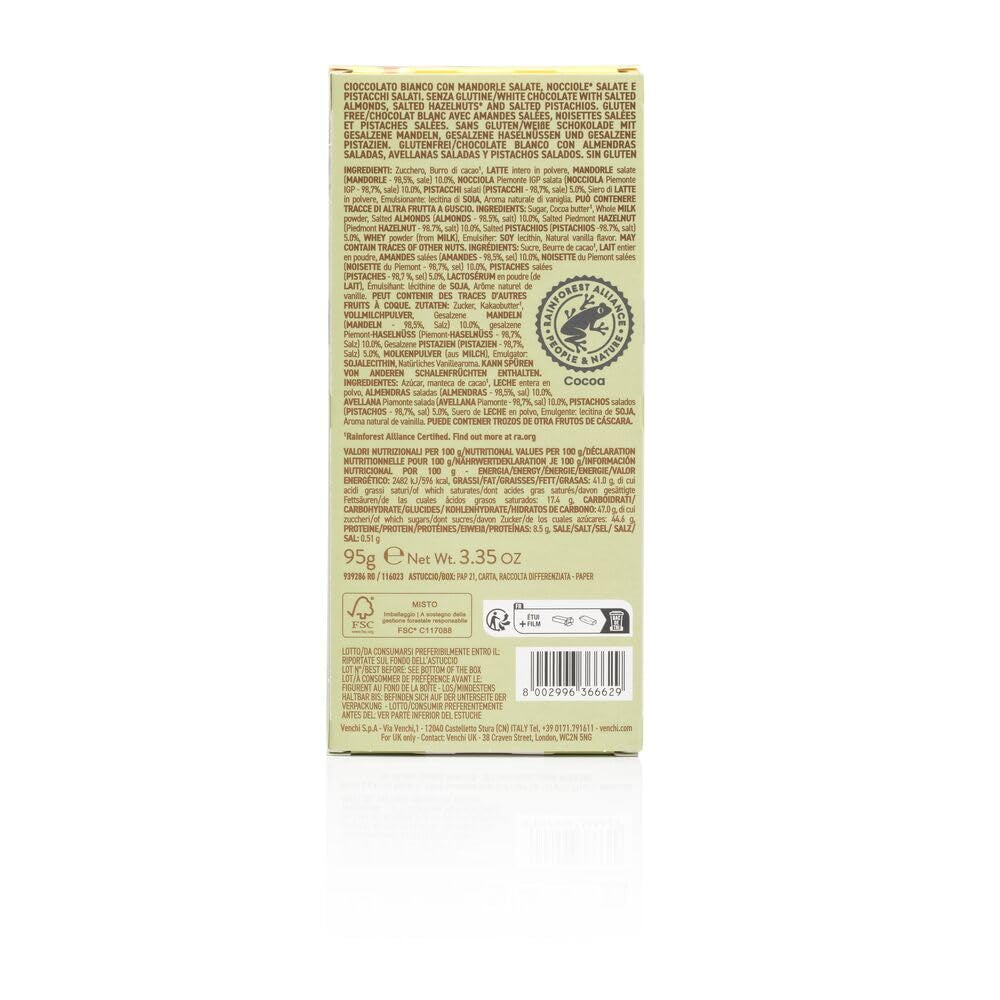 Venchi - Barrita de Avellanas Saladas, Avellanas, Almendras y Pistachos Salados, 95g, con "Avellanas del Piamonte", Sin Gluten, Sin Colorantes Artificiales y Sin Conservantes