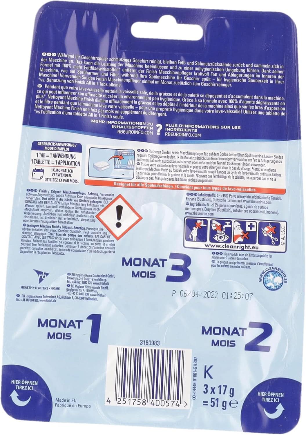 Finish Machine Cleaner Tabs - Pastillas para lavavajillas contra la suciedad y la grasa del interior del lavavajillas, 3 pastillas Naty Shop
