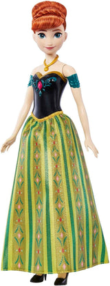 Mattel Disney Frozen Muñeca Anna cantante - Fragmento de canción de 30 segundos, traje clásico de castillo, falda suave desmontable, cabello peinable, para niños a partir de 3 años, versión alemana, HMG41