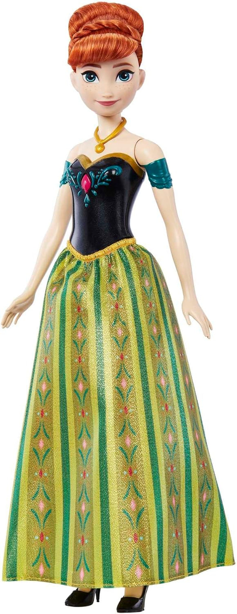 Mattel Disney Frozen Muñeca Anna cantante - Fragmento de canción de 30 segundos, traje clásico de castillo, falda suave desmontable, cabello peinable, para niños a partir de 3 años, versión alemana, HMG41