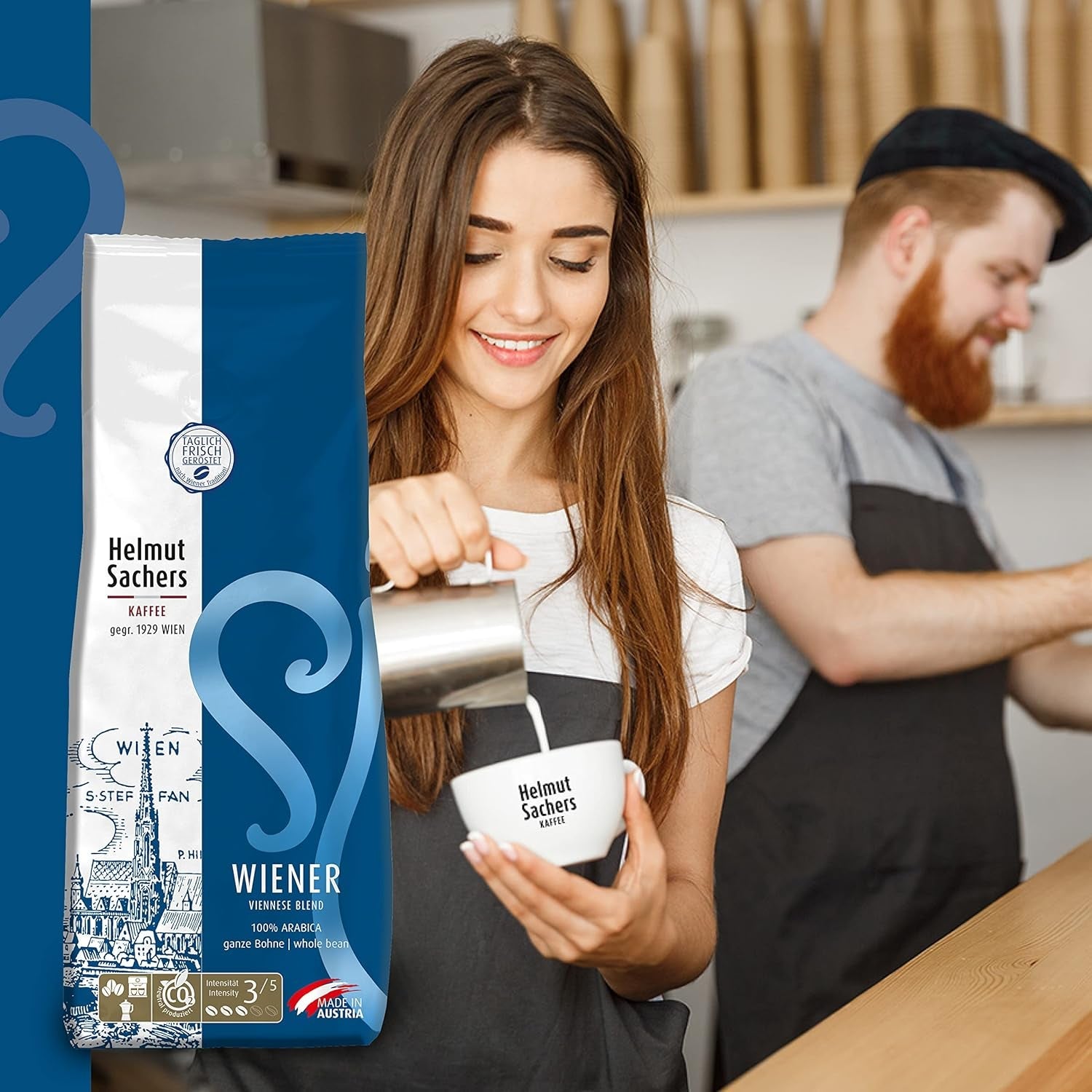 Helmut Sachers Kaffee - Wiener Mischung, Wiener Melange Kaffee aus erstklassigen Hochland Arábica Bohnen, nachhaltig geröstet in Österreich - ganze Kaffeebohnen, 500g