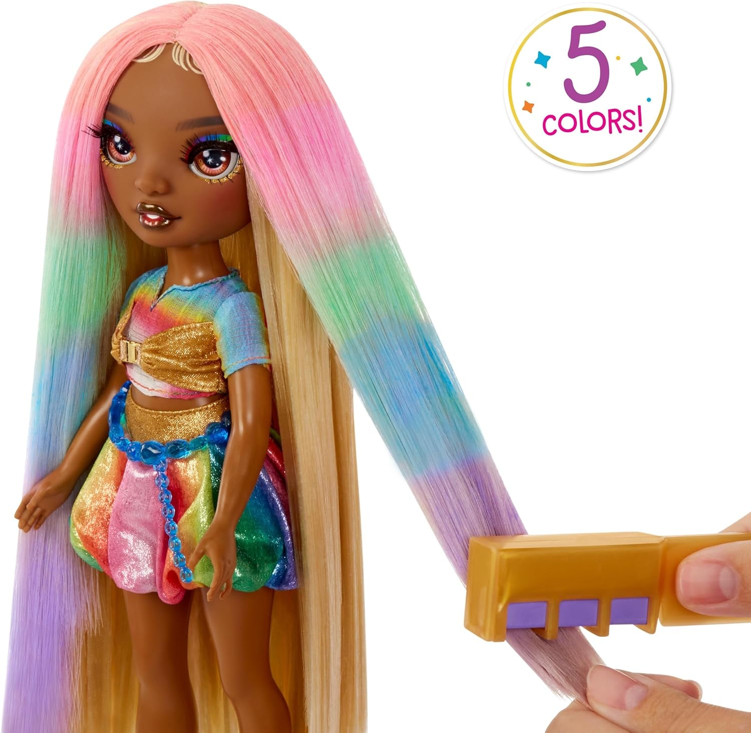 Muñeca Rainbow High Hair Chalk & Styling - Meline - Muñeca de 28 cm con tiza para el cabello lavable arco iris y oro, colorear, peinar, jugar, enjuagar y repetir, para niños de 4 a 12 años