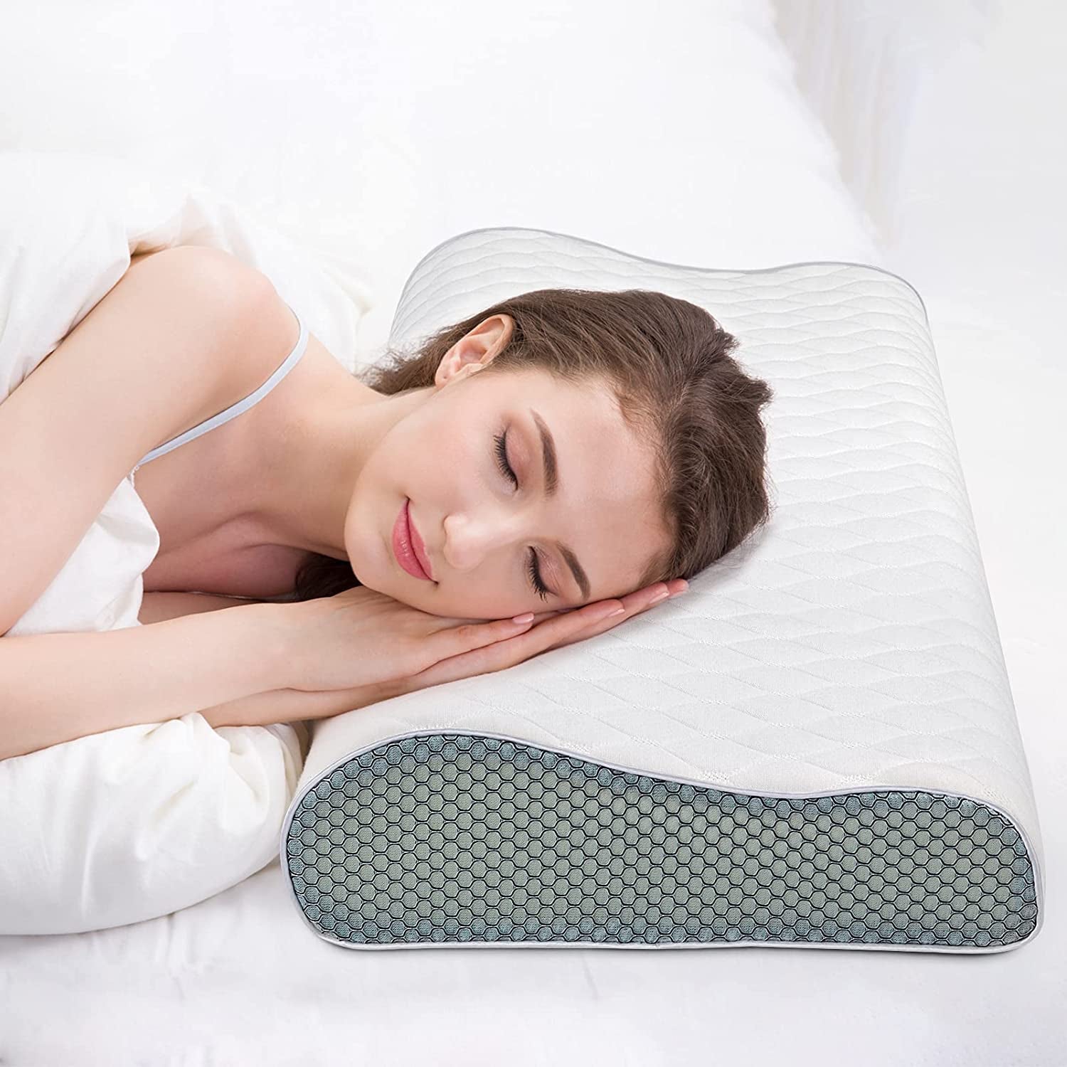 Fityou Almohada Viscoelástica, Almohada De Soporte Para El Cuello, Almohada Ergonómica Para Dormir, Almohada Refrescante, Diseño De Doble Cara, Funda De Almohada Lavable (67,5X40X13Cm) Almohadas Ortopédicas Cervicales Naty Shop Blanco + Malla 3D 60X35X9/11Cm