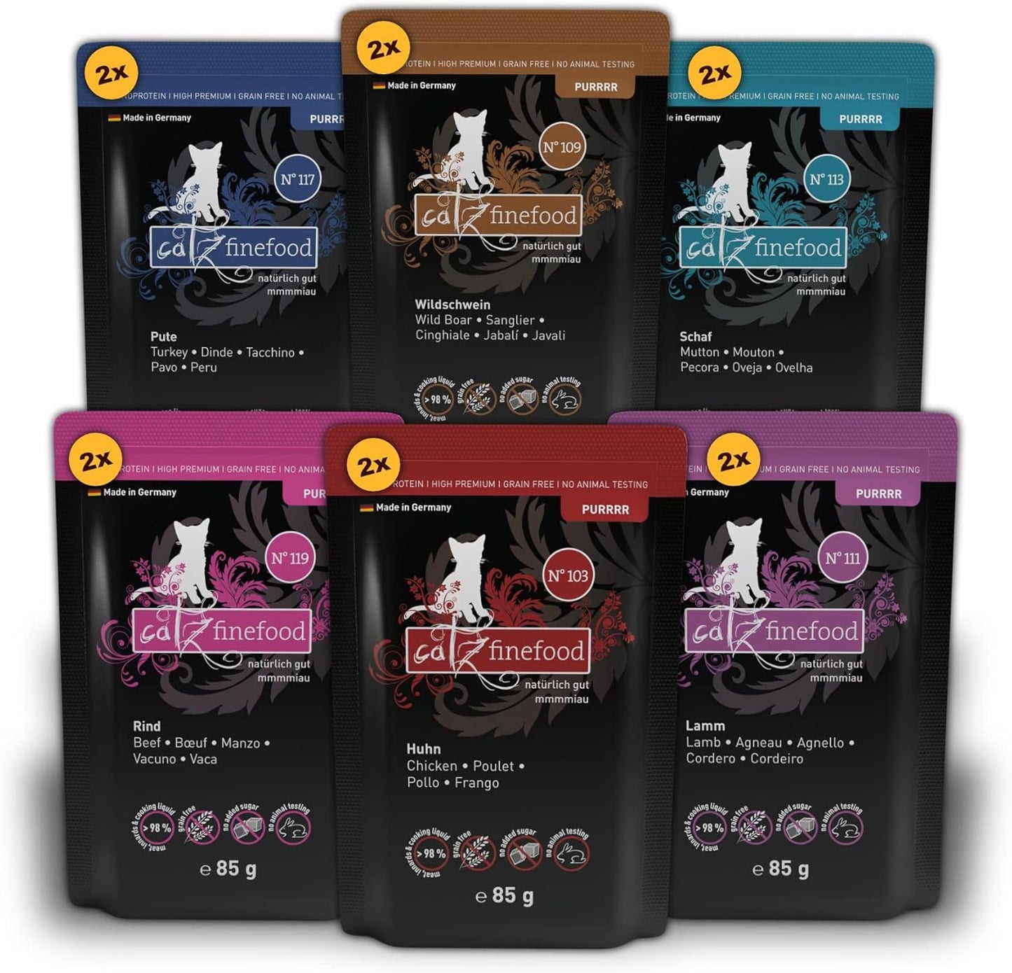 Catz Finefood Purrrr Collection I - Alimento húmedo monoproteico para gatos - Sin cereales, sin azúcar, hipoalergénico - Alto contenido en carne - Paquete múltiple de alimento húmedo para gatos - En sobres, 85 g (12 paquetes)