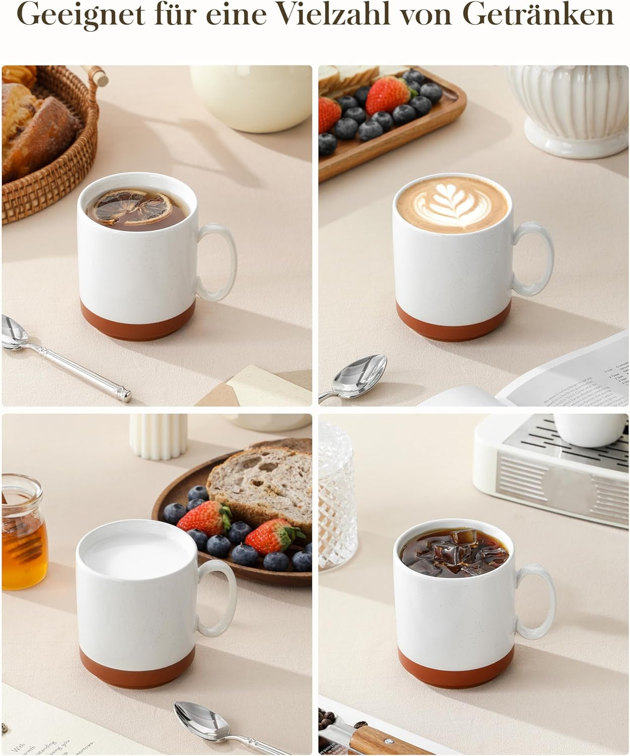 Juego de tazas de café MALACASA, juego de tazas de gres de 350ml para 4 personas, tazas de café modernas para té, zumo, café con leche, capuchino, chocolate caliente. Apto para lavavajillas y microondas, serie TARA, blanco caqui