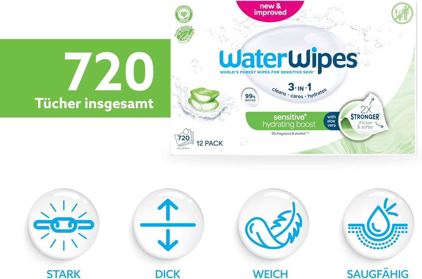 Toallitas húmedas WaterWipes Sensitive+ Hydrating Boost, toallitas hidratantes, 720 unidades (paquete de 12), 3 en 1 limpieza, cuidado, hidratación, 99% agua de aloe vera, toallitas para bebés sin perfume