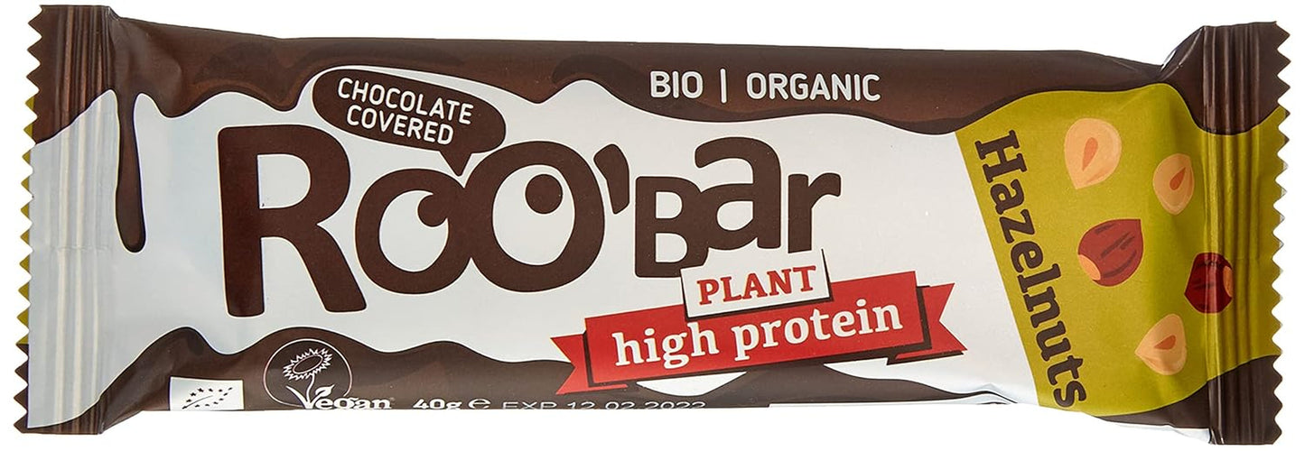 Barras de avellanas glaseadas con chocolate con alto contenido proteico - 100% orgánicas, veganas, barras de frutas, sin lácteos, sin gluten, sin azúcar refinada - 16 barras x 40 g