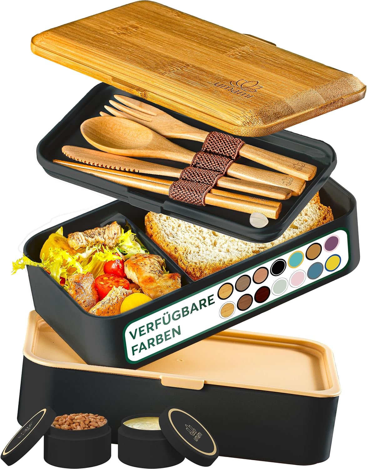 Umami Fiambrera para Adultos, Fiambrera Bento Apilable con 4 Cubiertos y Compartimentos, Fiambrera para Adultos, Contenedor de Ensalada para Llevar, Fiambrera para Picnic/Oficina, Gris Antracita, 1500ml Naty Shop Fiambreras Black Tan L - 1200 Ml