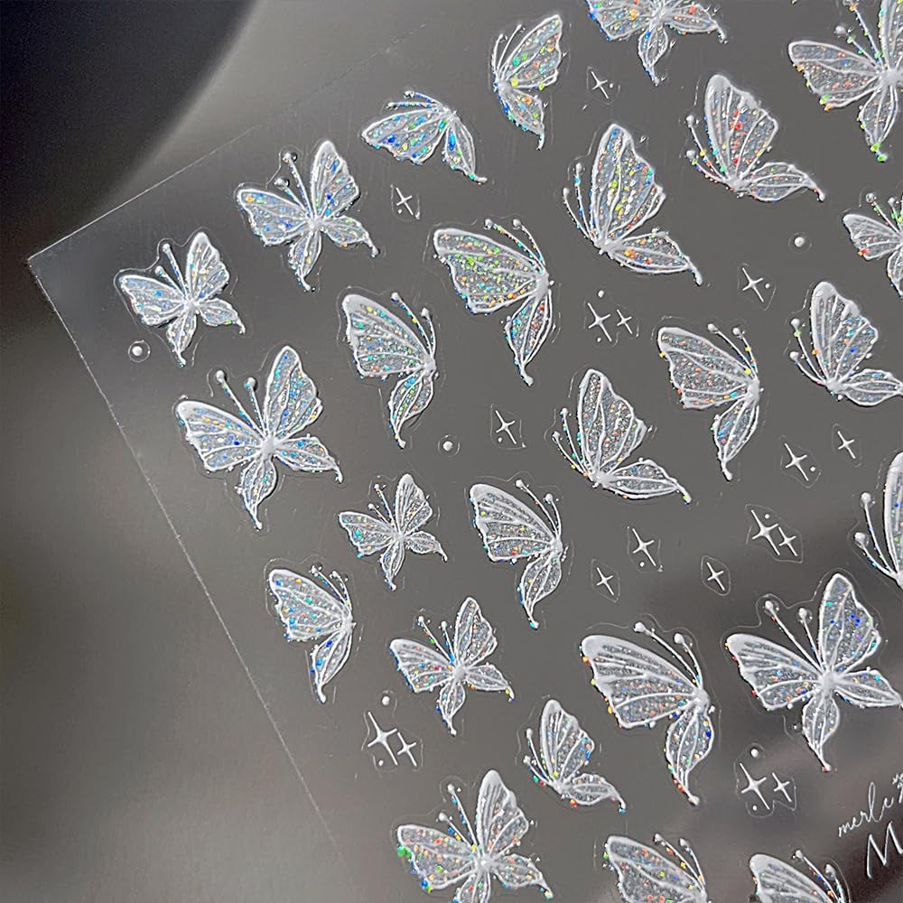 Aurora Muschel Schmetterling Nagelsticker Weiß Schmetterlinge Nail Sticker Gelee Relief Butterfly Nagelaufkleber Y2K Mariposas Nagel Sticker Nägel Nageldesign Nagel Zubehör Nail Art Stickers Nailart