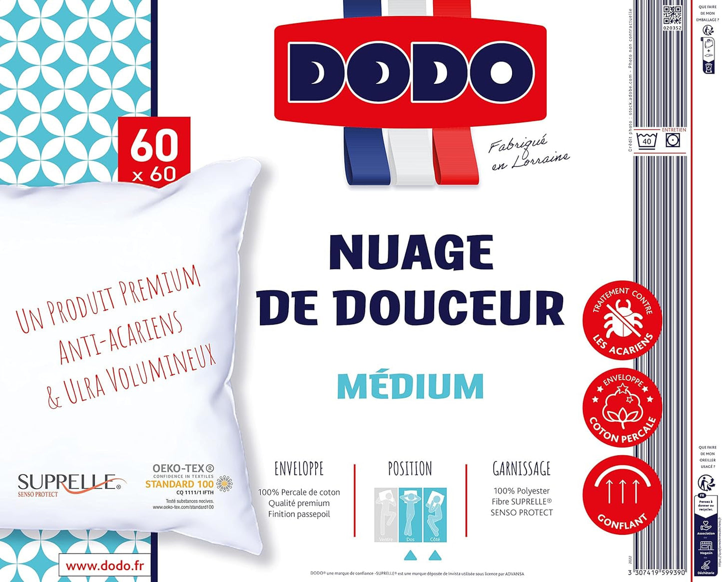Almohada DODO Premium, 60 X 60 Cm, Confort Medio, Almohada Cloud De Douceur | A prueba de ácaros y esponjoso | Algodón Percal + Ribetes Lavable a máquina a 40 °C Almohadas estándar Naty Shop