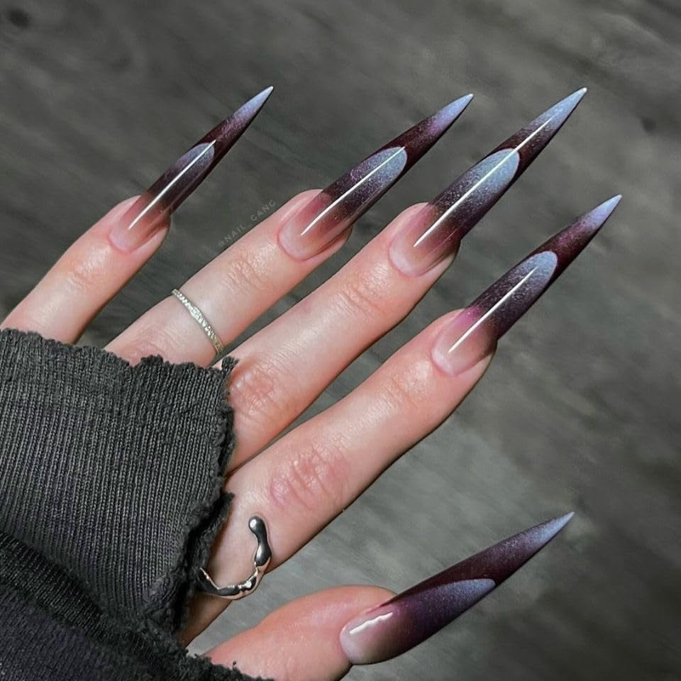 Mouyouglow-uñas largas Stiletto, color blanco lechoso, degradado, purpurina rosa, uñas postizas frescas con pegamento, uñas artificiales con purpurina rosa ombré
