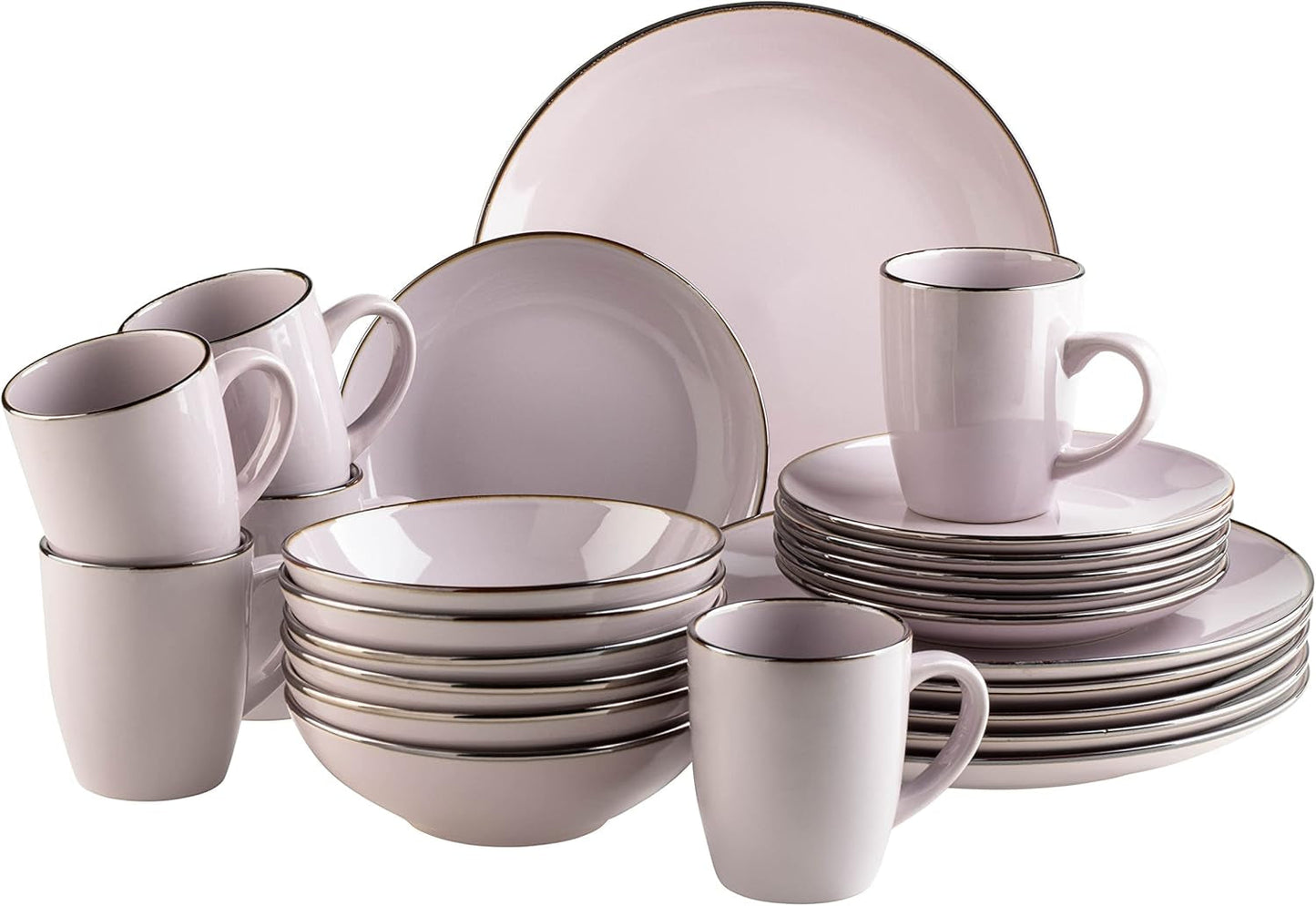Vajilla moderna para 6 personas con borde de latón, servicio combinado en forma de taza sin borde de 24 piezas, lavanda