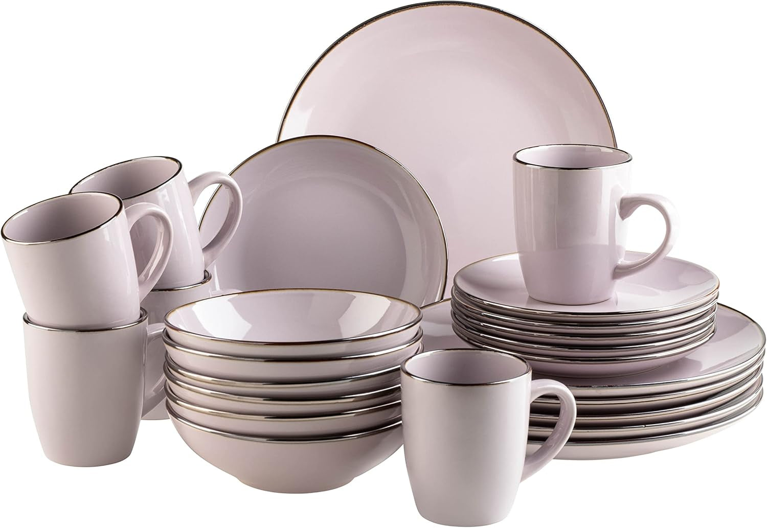 Vajilla moderna para 6 personas con borde de latón, servicio combinado en forma de taza sin borde de 24 piezas, lavanda