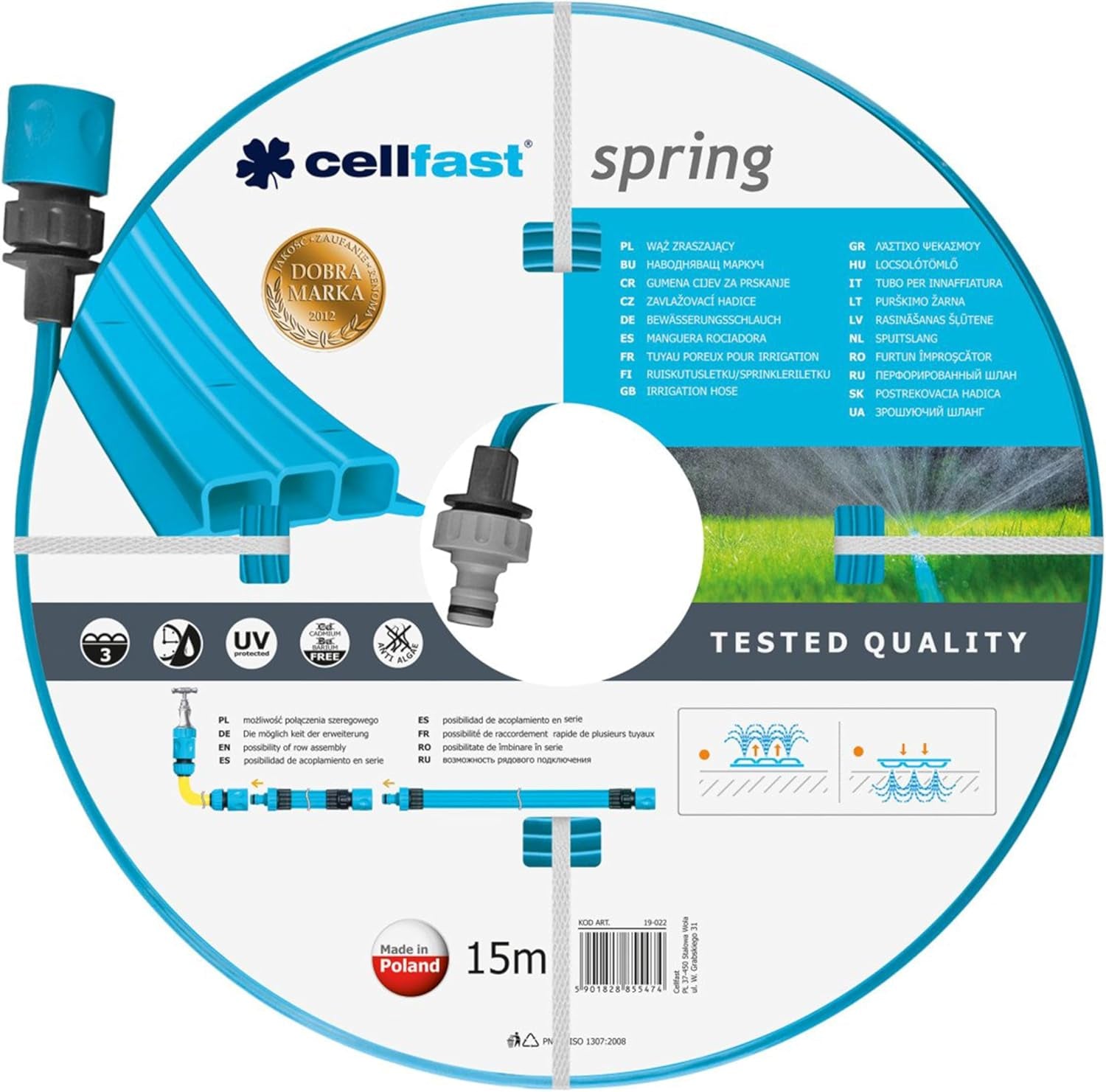 Cellfast SPRING Manguera de Riego, Manguera de Riego de Tres Canales con Conectores Completos, Hecha de Alambre de Alta Calidad, Resistente a los Rayos UV, 15m, 1/2 Pulgada, 19-022, Multicolor, 38x38x8cm