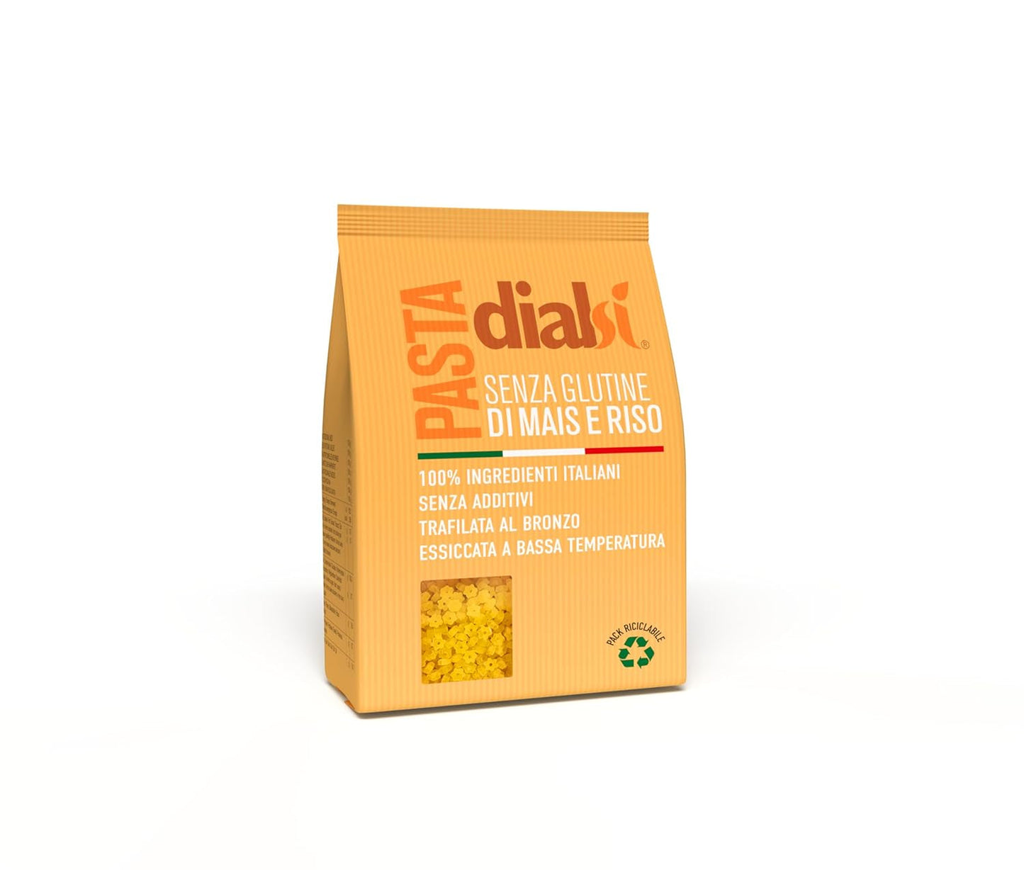 Pasta en forma de estrella Dialsi, pasta de maíz y arroz sin gluten, cocida al bronce, ingredientes 100% italianos, sin aditivos, se cocina en 8-9 minutos, paquete de 300g