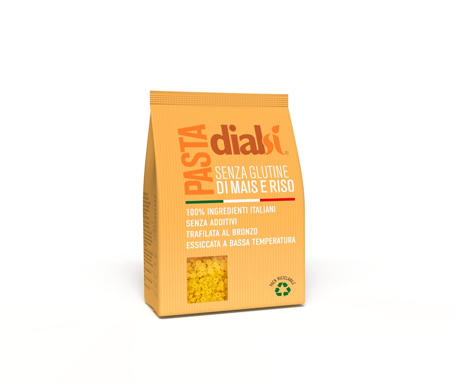 Pasta en forma de estrella Dialsi, pasta de maíz y arroz sin gluten, cocida al bronce, ingredientes 100% italianos, sin aditivos, se cocina en 8-9 minutos, paquete de 300g