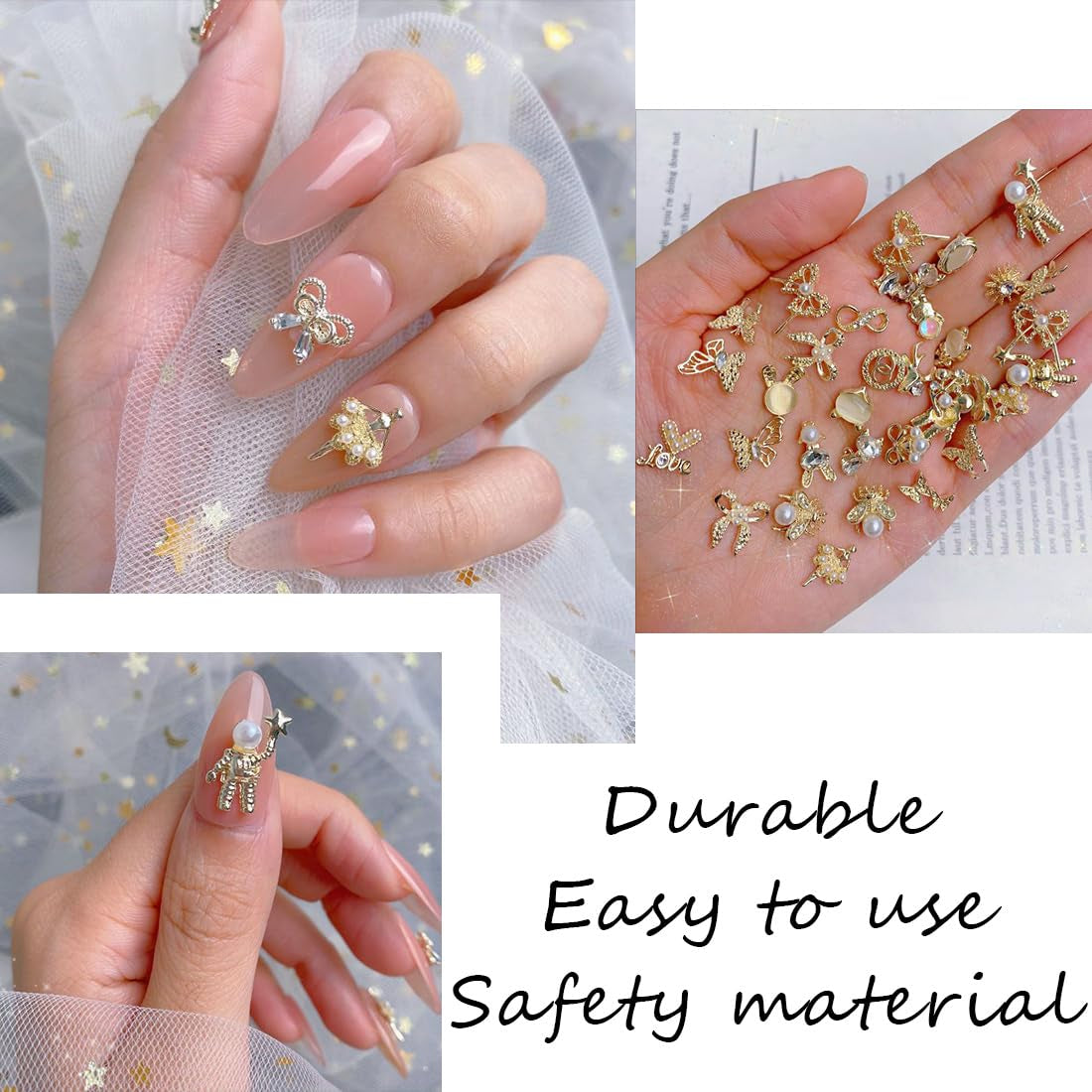 50 Stück Gold Nail Charms, 3D Shiny Nail Art Charms, Glitzersteine ​​​​Nägel Perle Legierung Nagel, Schmetterling Strasssteine ​​​​Nägel Charms, DIY Nail Art Zubehör, Für Mädchen Frauen