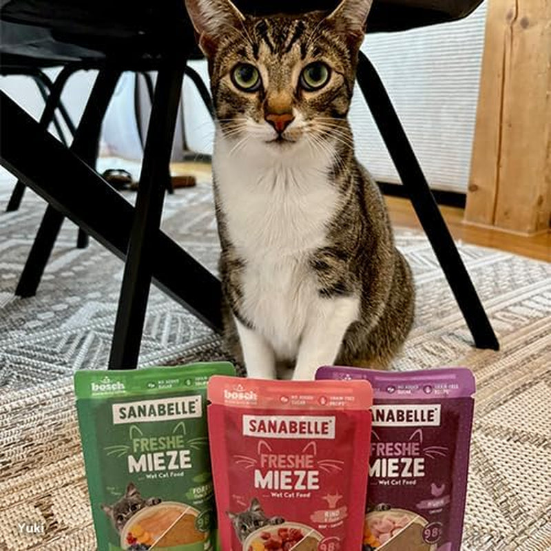 Sanabelle Freshe Mieze - Bandeja mixta | Paquete mixto de 10 x 100 g | 4 deliciosas variedades de comida para gatos para probar | Comida húmeda para gatos al vapor, como recién hecha